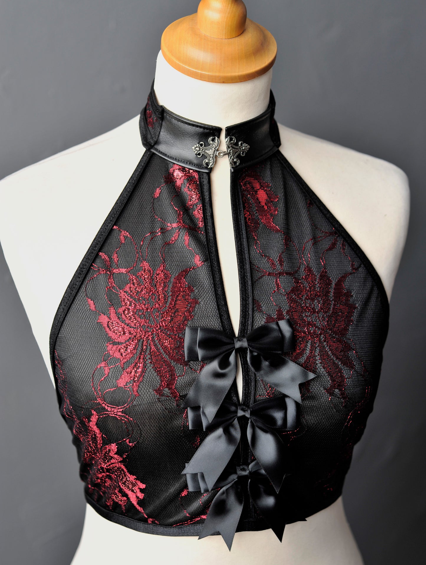 Gothic Satin Lace Halterneck Backless Crop Top