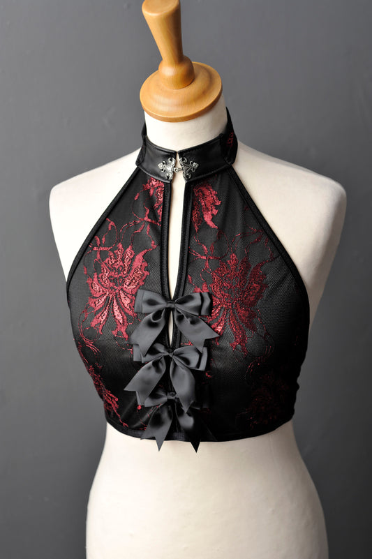 Gothic Satin Lace Halterneck Backless Crop Top