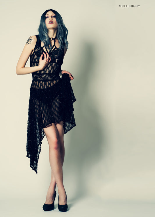 Witchy Sheer Lace Dress with Asymmetric Drape in Small to Plus Sizes