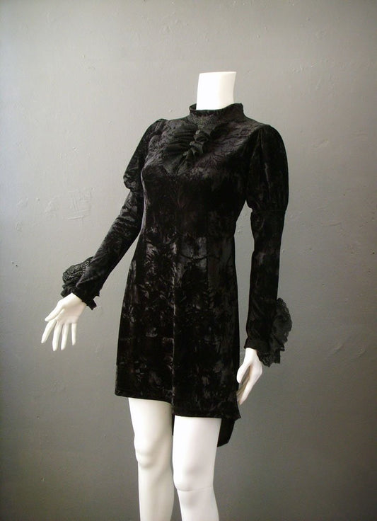 Crushed Velvet Babydoll Dress with Lace Ruffle Jabot, Gothic Victorian Minidress , Small to Plus Size