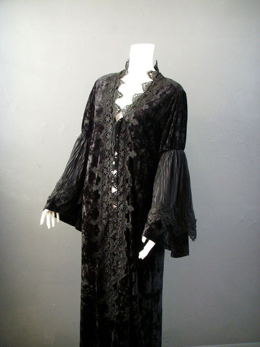 Gothic Velvet Duster Coat, Long Witchy Robe with Bell Sleeves, Small to Plus Size