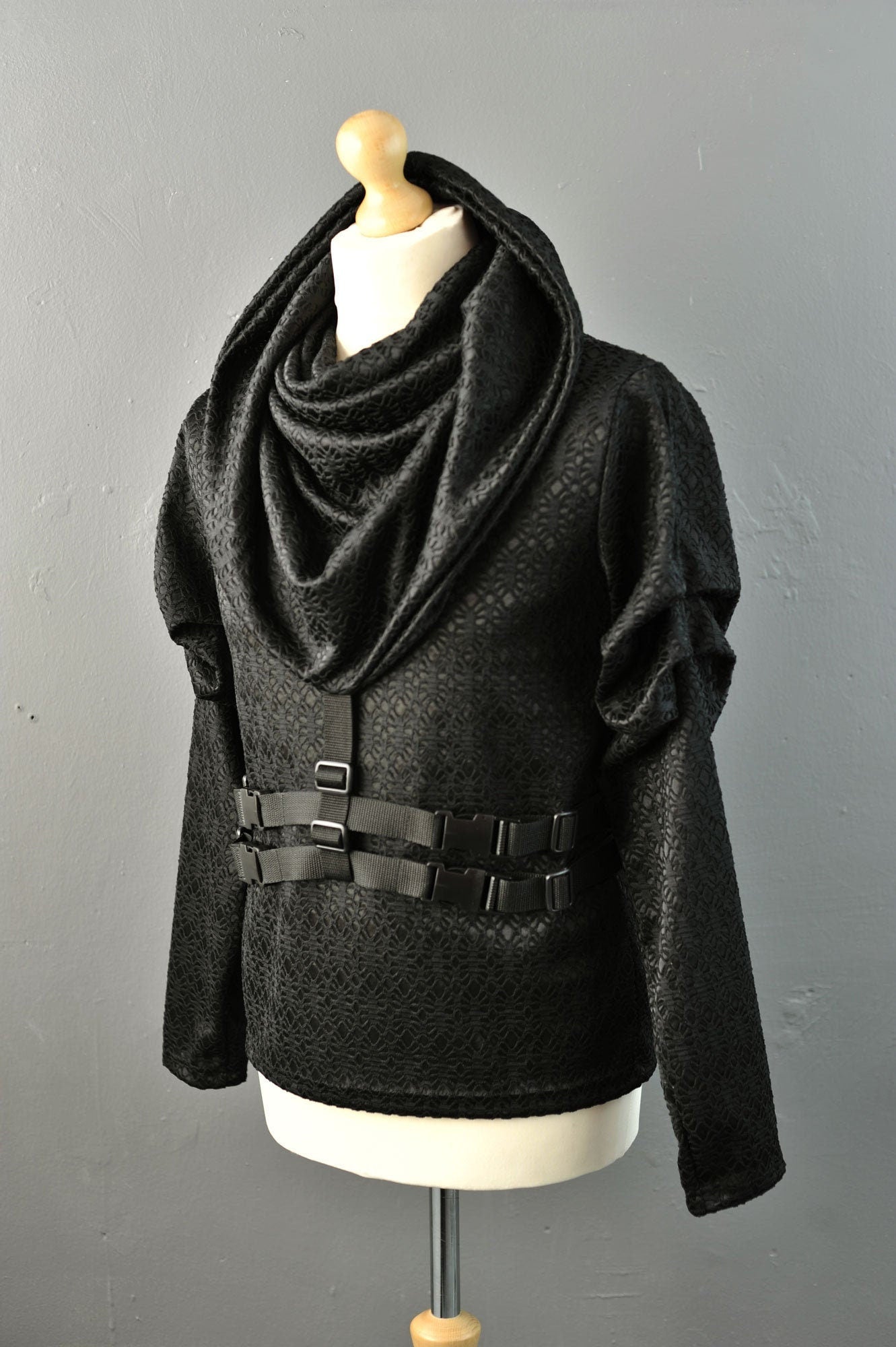 Cyberpunk Hooded Cowl Neck Top, Futuristic Hoodie with Buckles Straps S to XL