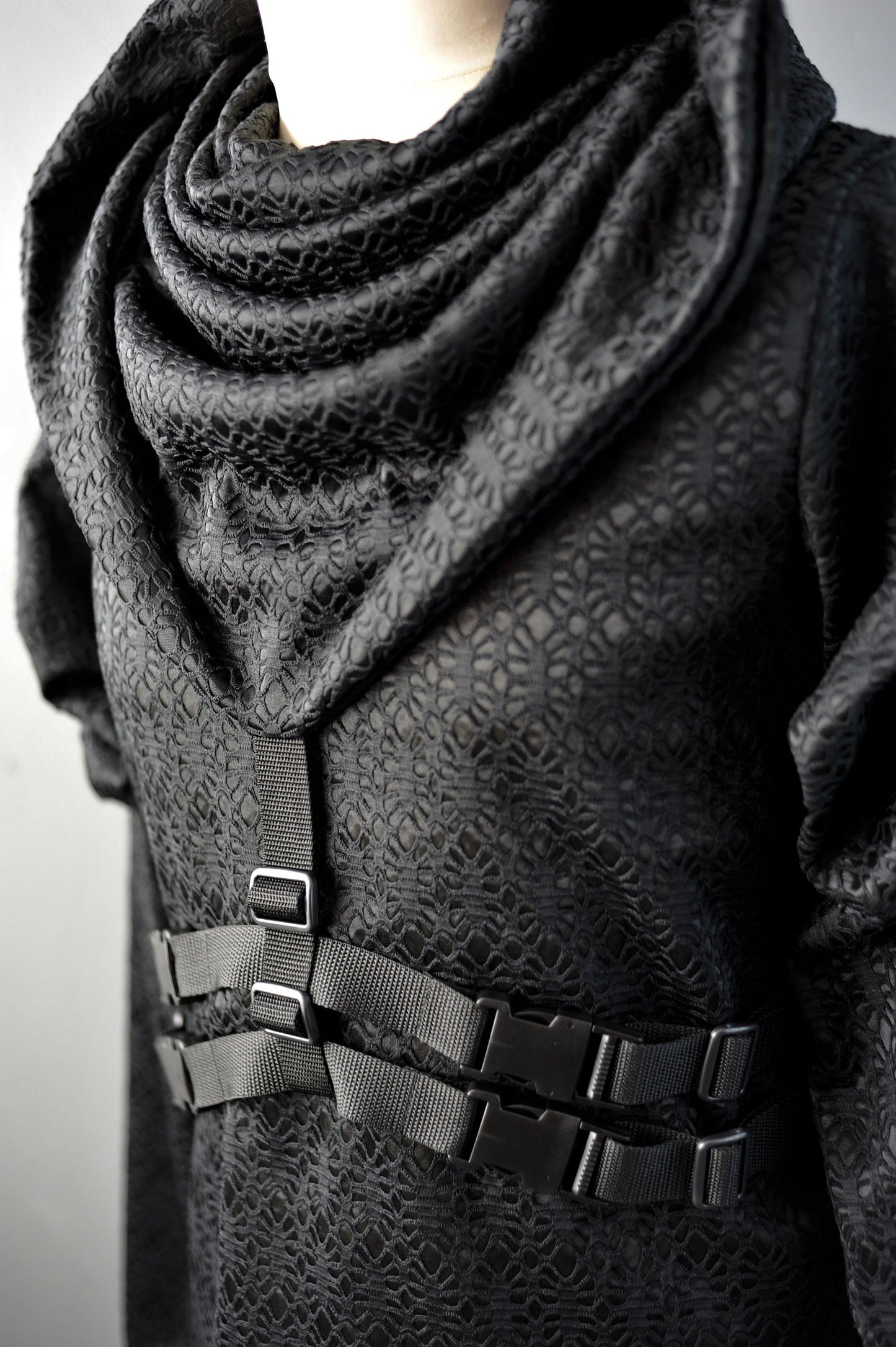 Cyberpunk Hooded Cowl Neck Top, Futuristic Hoodie with Buckles Straps S to XL