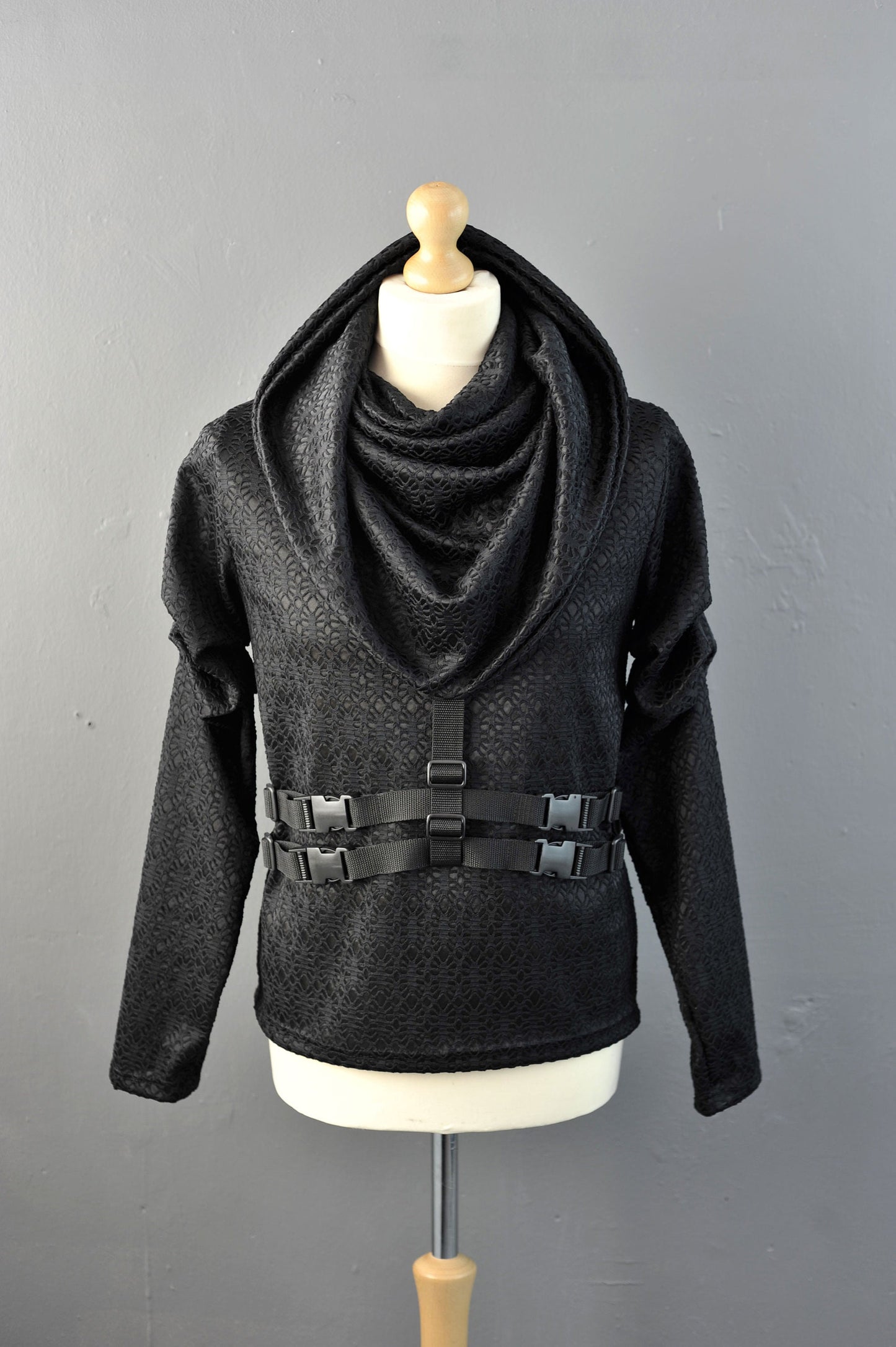 Cyberpunk Hooded Cowl Neck Top, Futuristic Hoodie with Buckles Straps S to XL