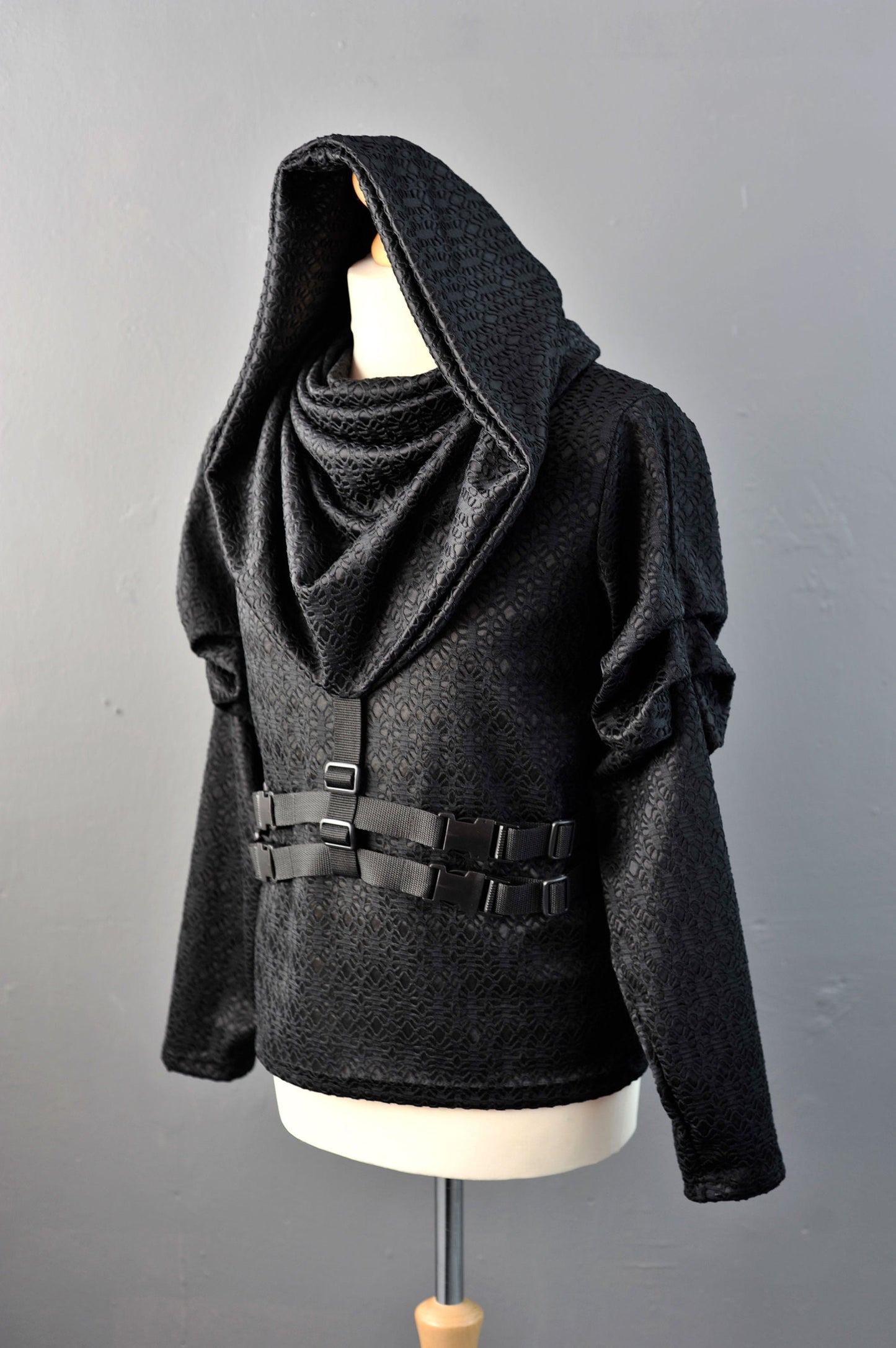 Cyberpunk Hooded Cowl Neck Top, Futuristic Hoodie with Buckles Straps S to XL