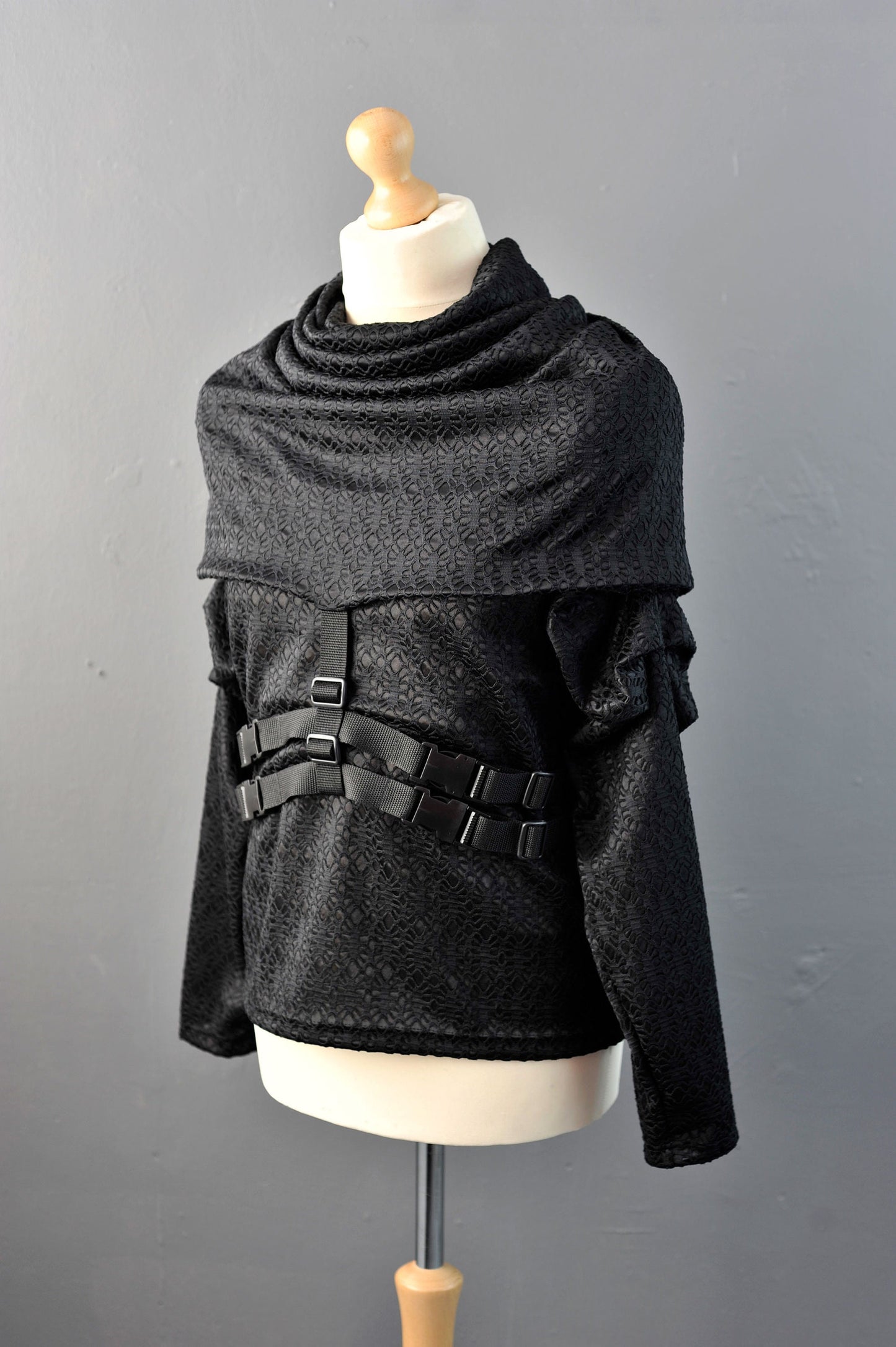 Cyberpunk Hooded Cowl Neck Top, Futuristic Hoodie with Buckles Straps S to XL