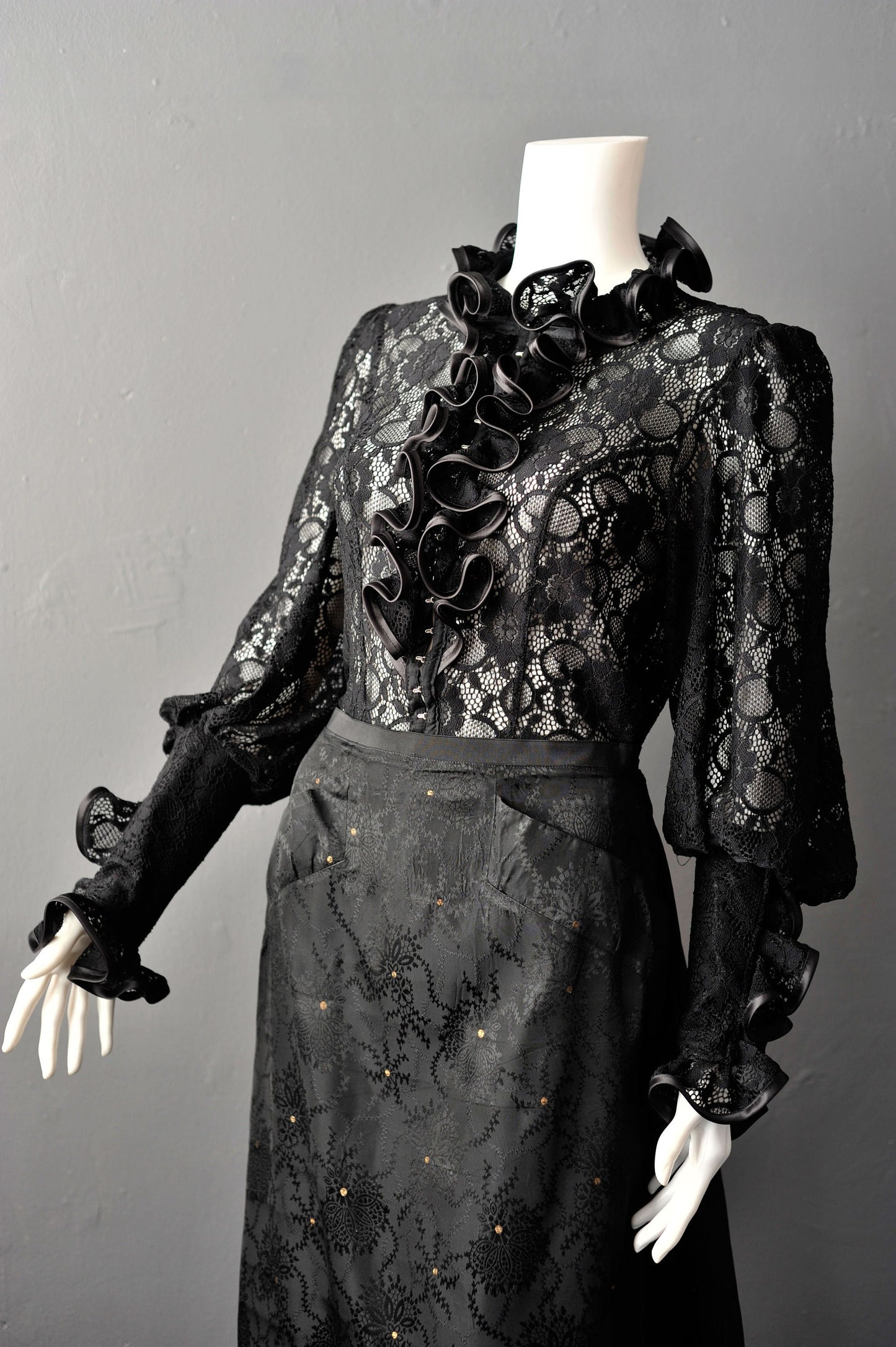 Gothic High Neck Lace Blouse with Ruffles, Elegant Victorian Poet Shirt