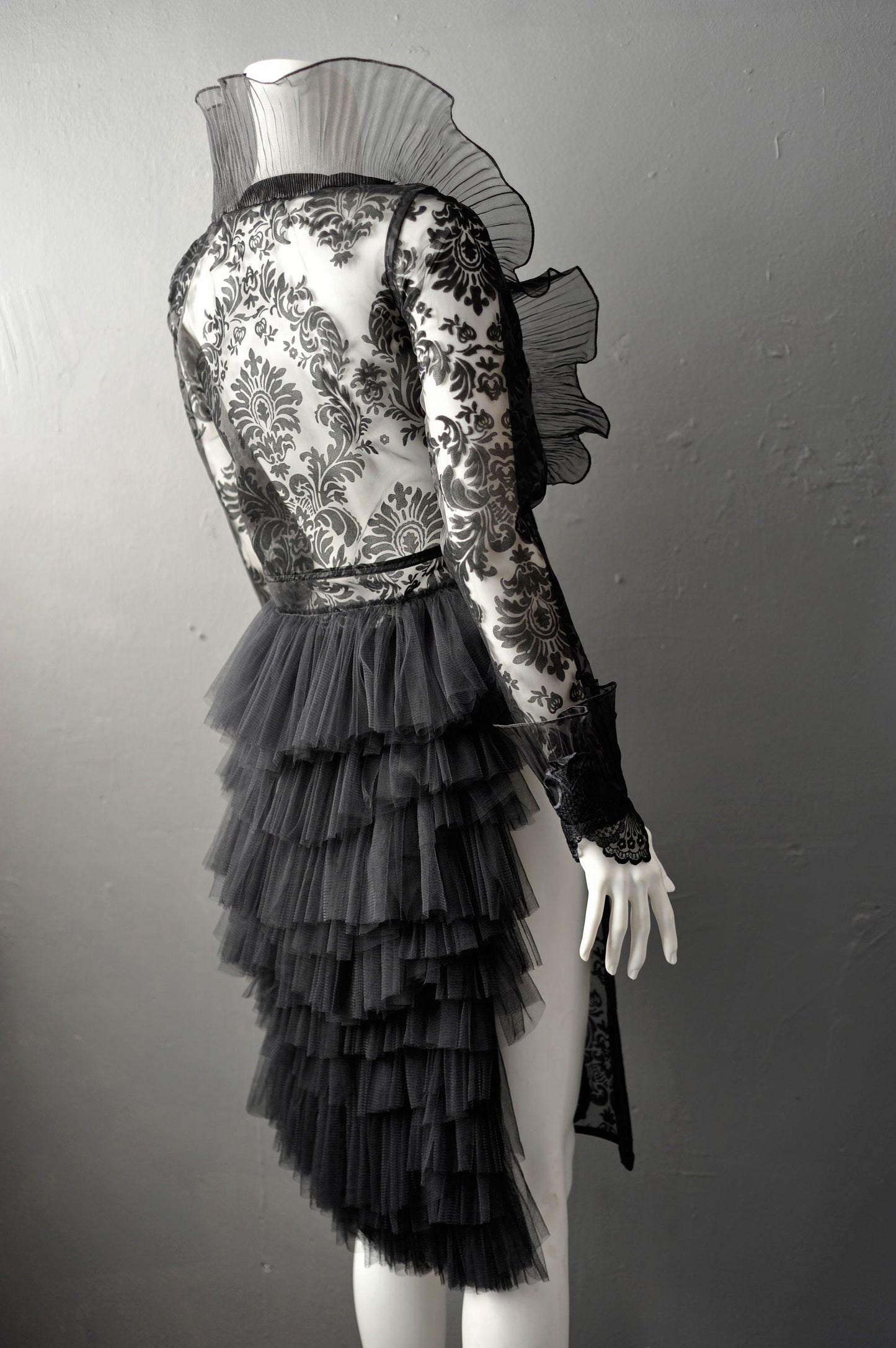 Sheer Gothic Jacket with Ruffled Standing Collar, Goth Queen Wedding Tailcoat