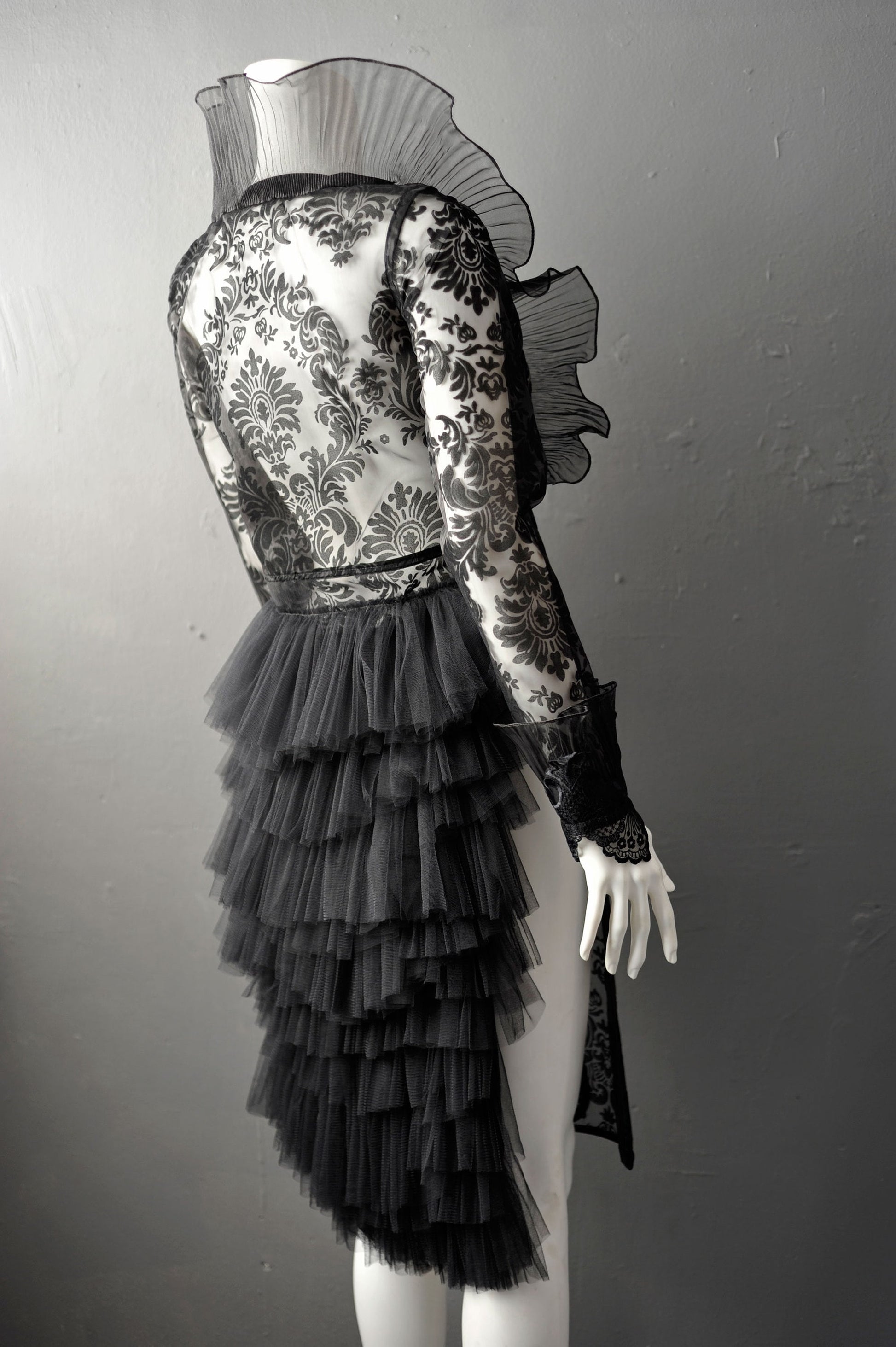 Sheer Gothic Jacket with Ruffled Standing Collar, Goth Queen Wedding Tailcoat