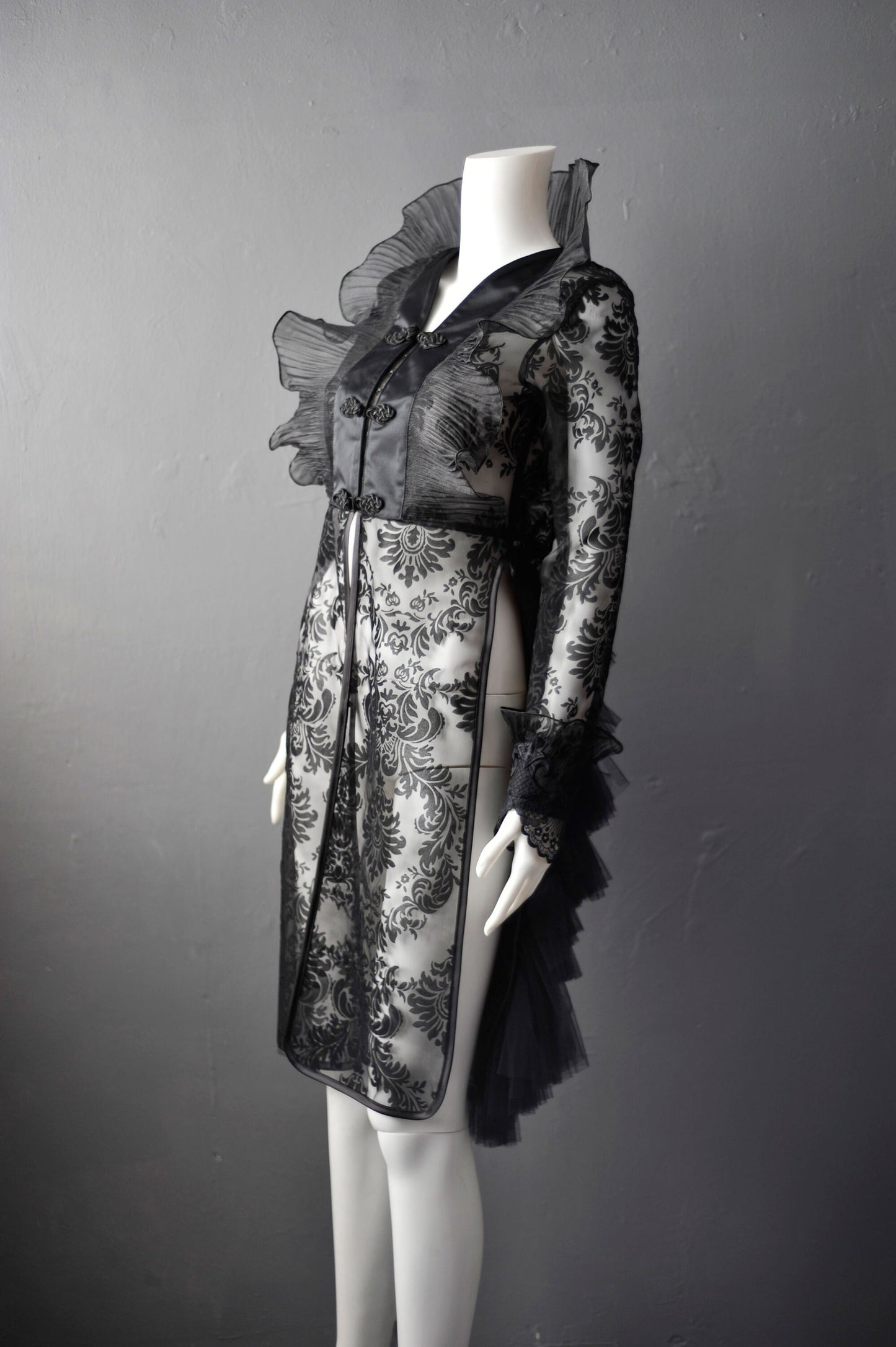 Sheer Gothic Jacket with Ruffled Standing Collar, Goth Queen Wedding Tailcoat