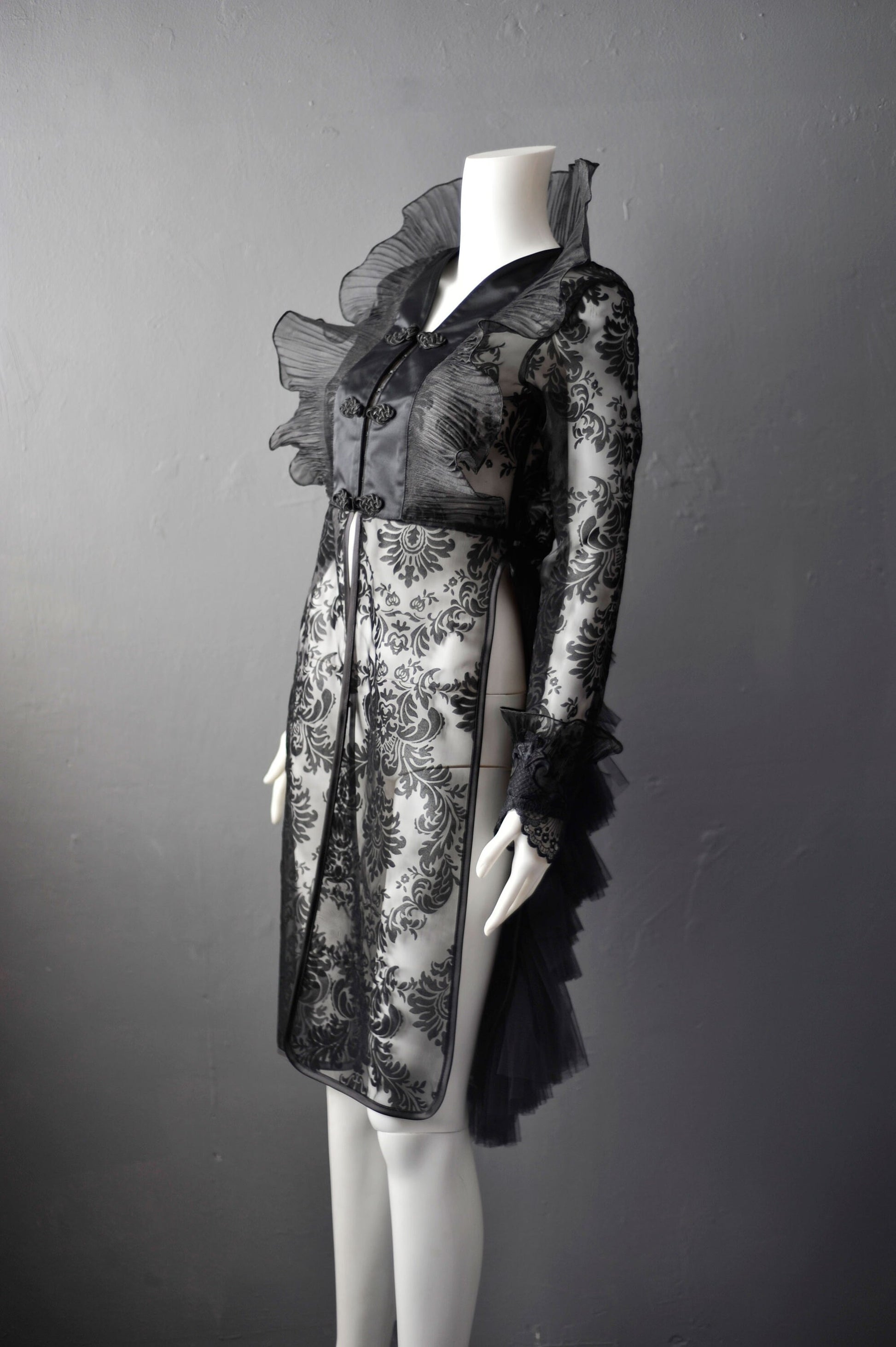 Sheer Gothic Jacket with Ruffled Standing Collar, Goth Queen Wedding Tailcoat