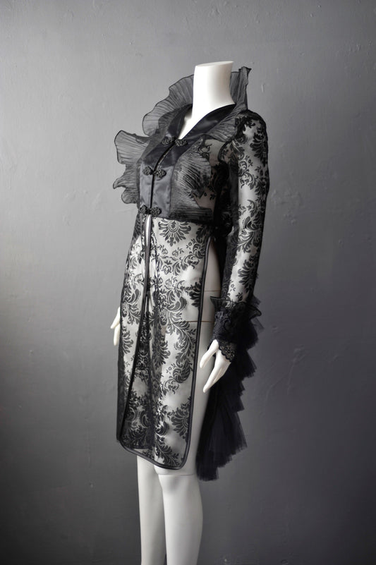 Sheer Gothic Jacket with Ruffled Standing Collar, Goth Queen Wedding Tailcoat