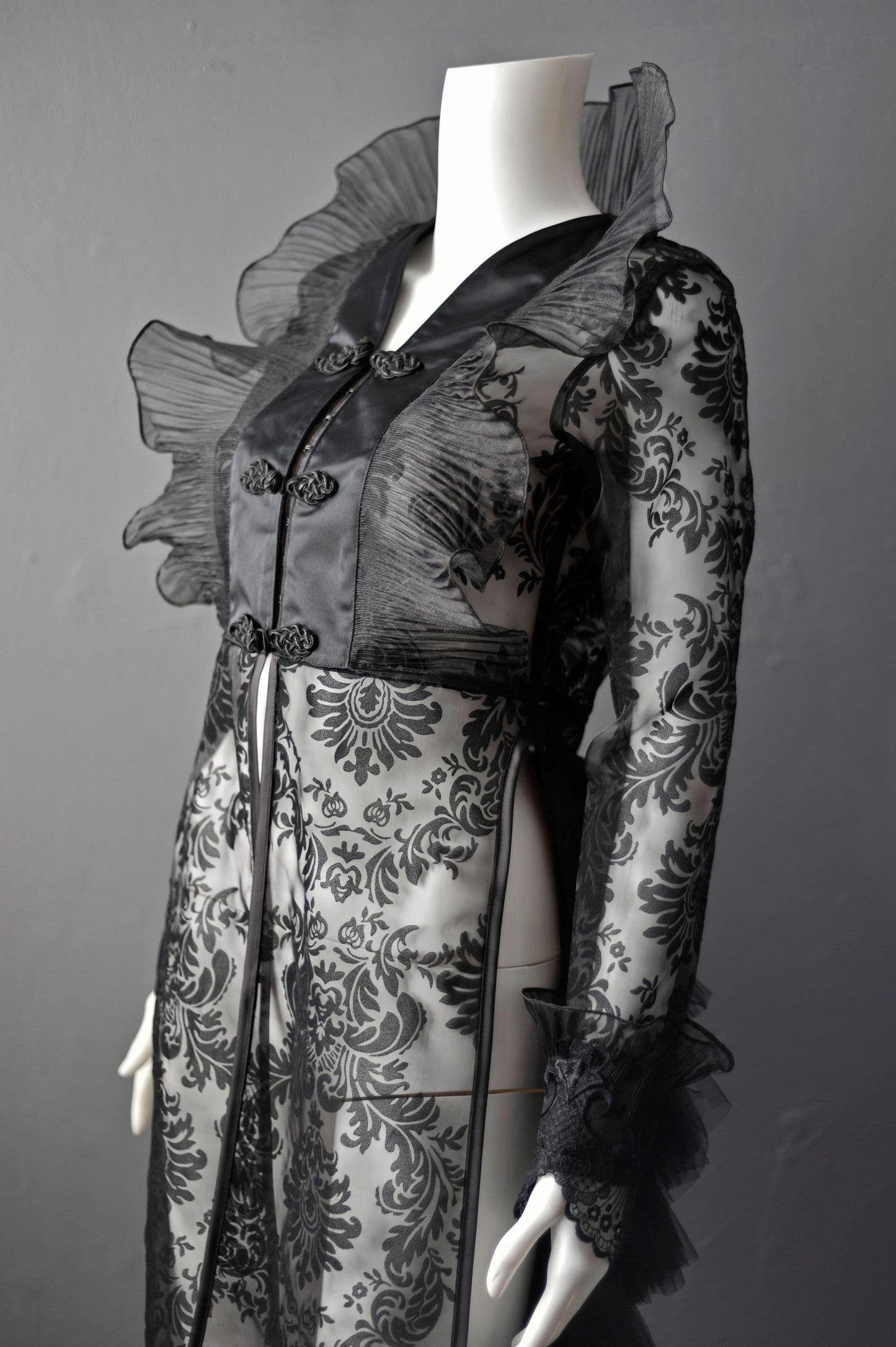 Sheer Gothic Jacket with Ruffled Standing Collar, Goth Queen Wedding Tailcoat