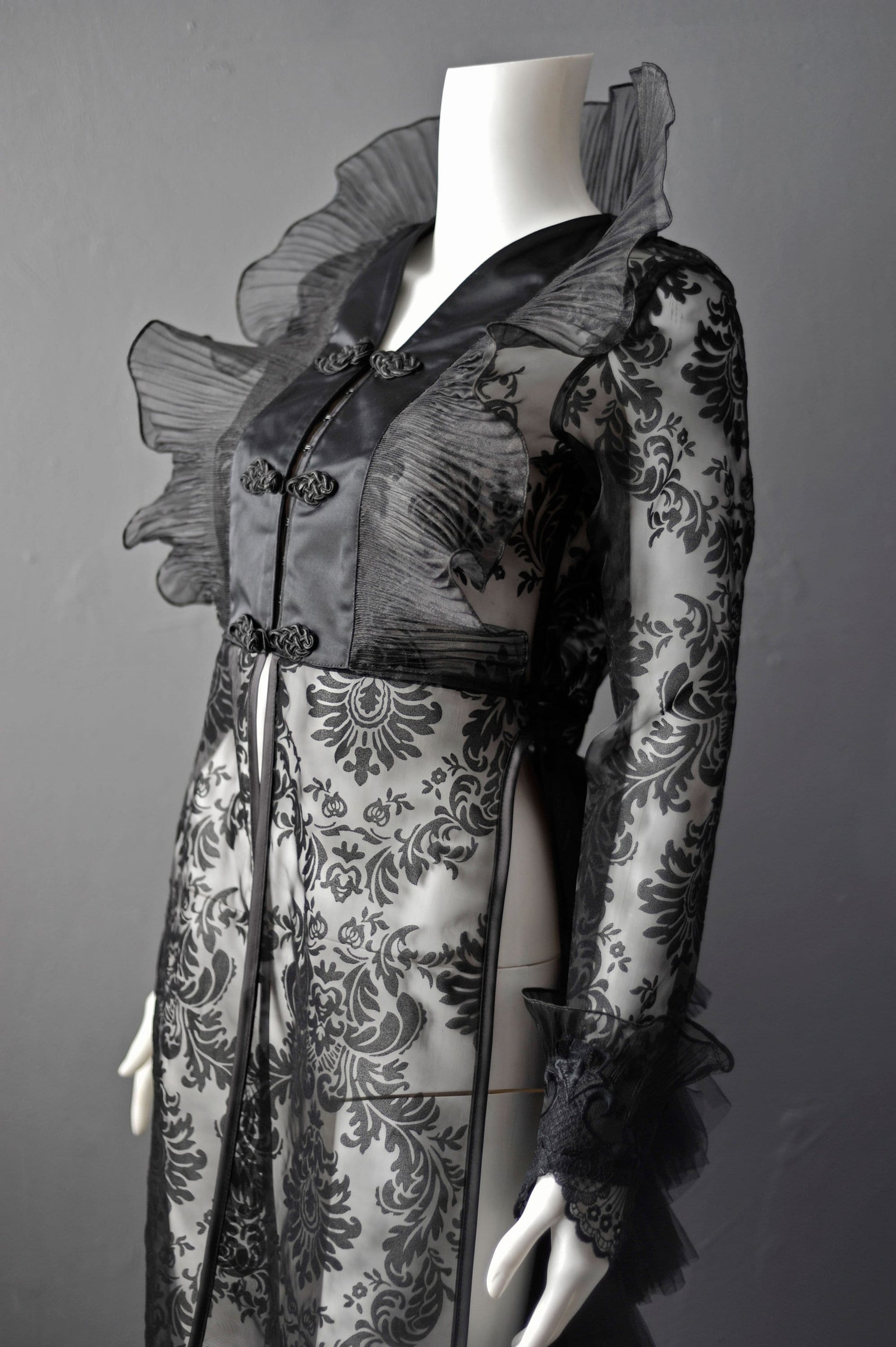 Sheer Gothic Jacket with Ruffled Standing Collar, Goth Queen Wedding Tailcoat