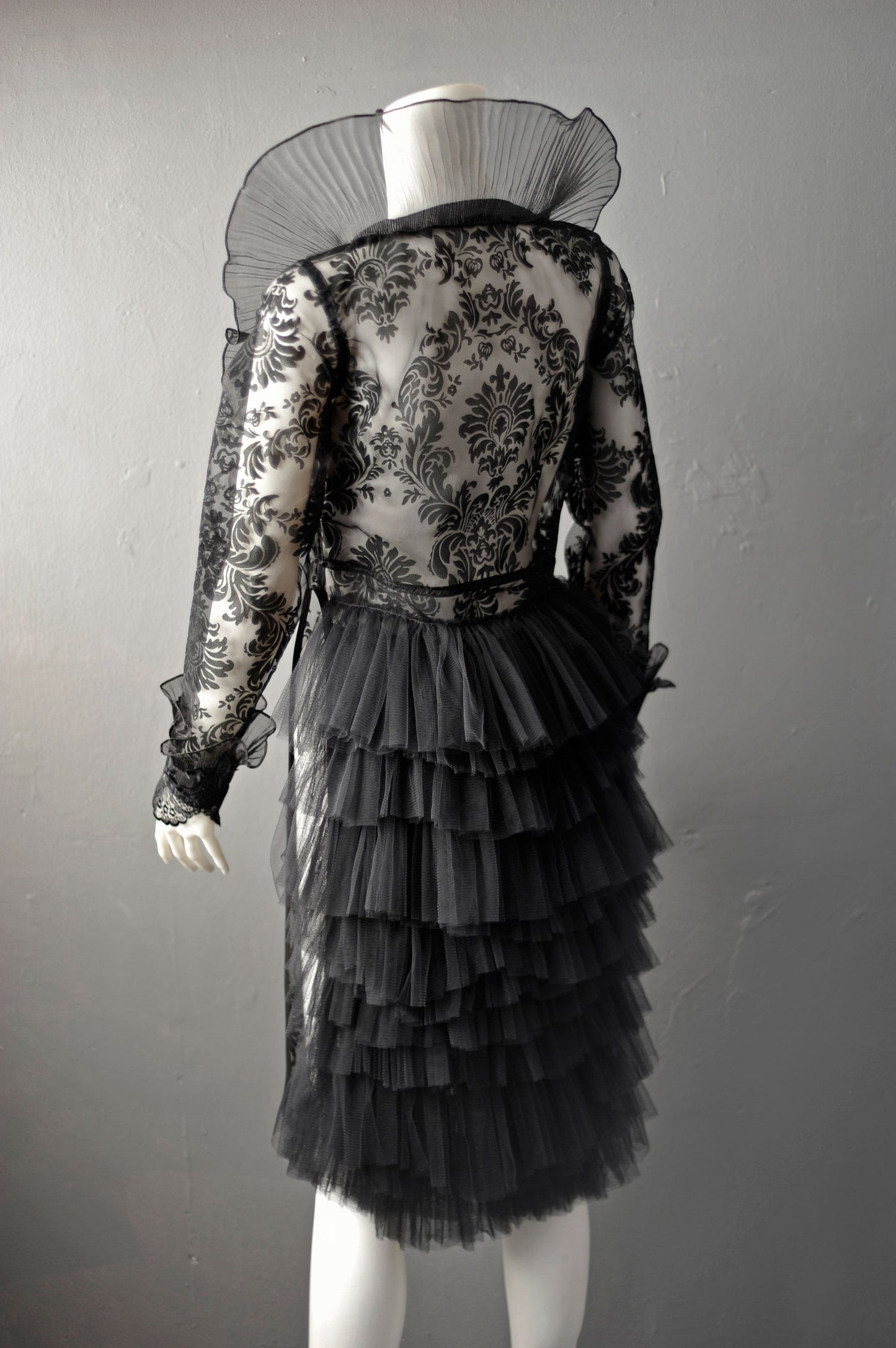 Sheer Gothic Jacket with Ruffled Standing Collar, Goth Queen Wedding Tailcoat