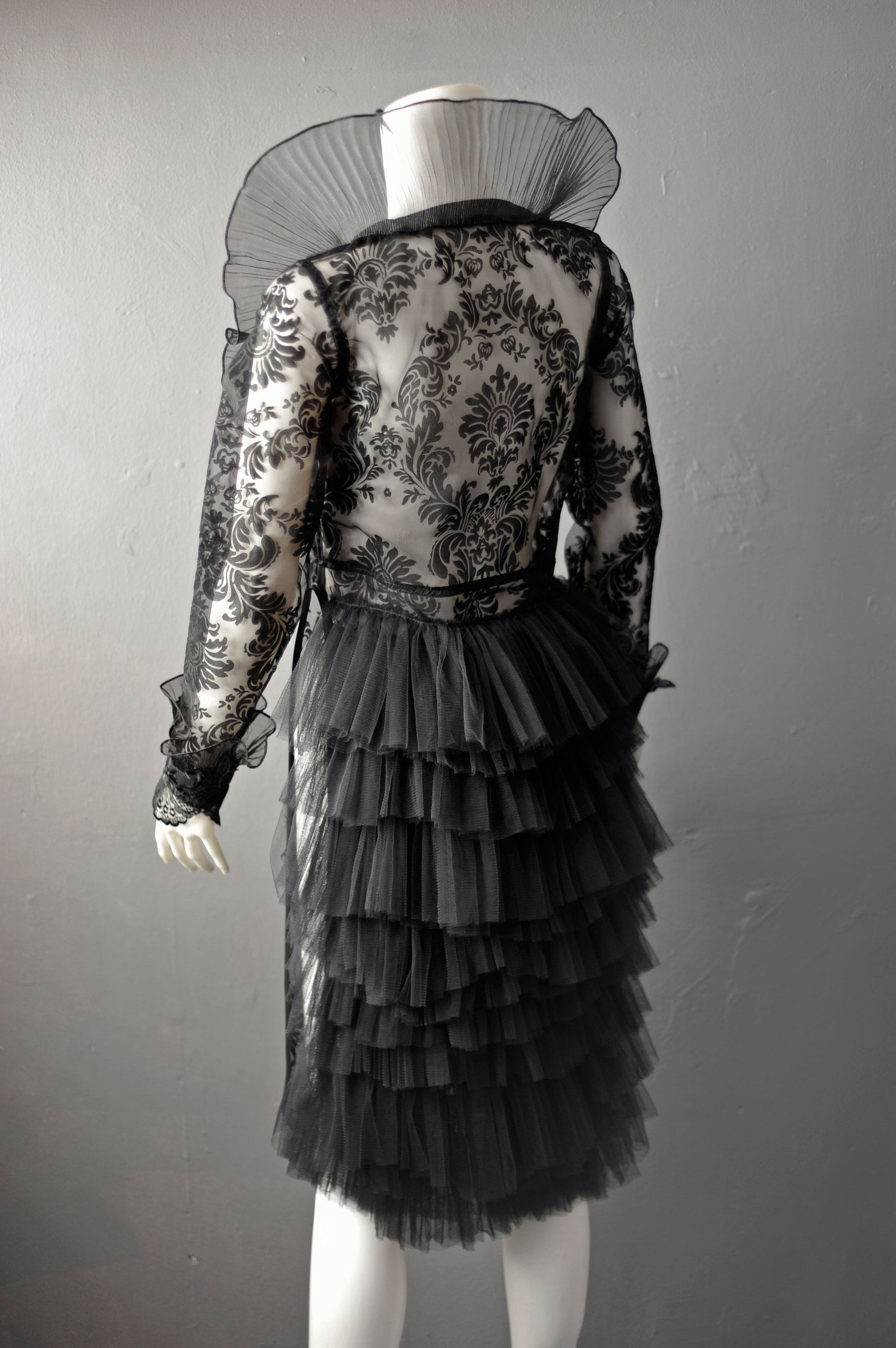 Sheer Gothic Jacket with Ruffled Standing Collar, Goth Queen Wedding Tailcoat
