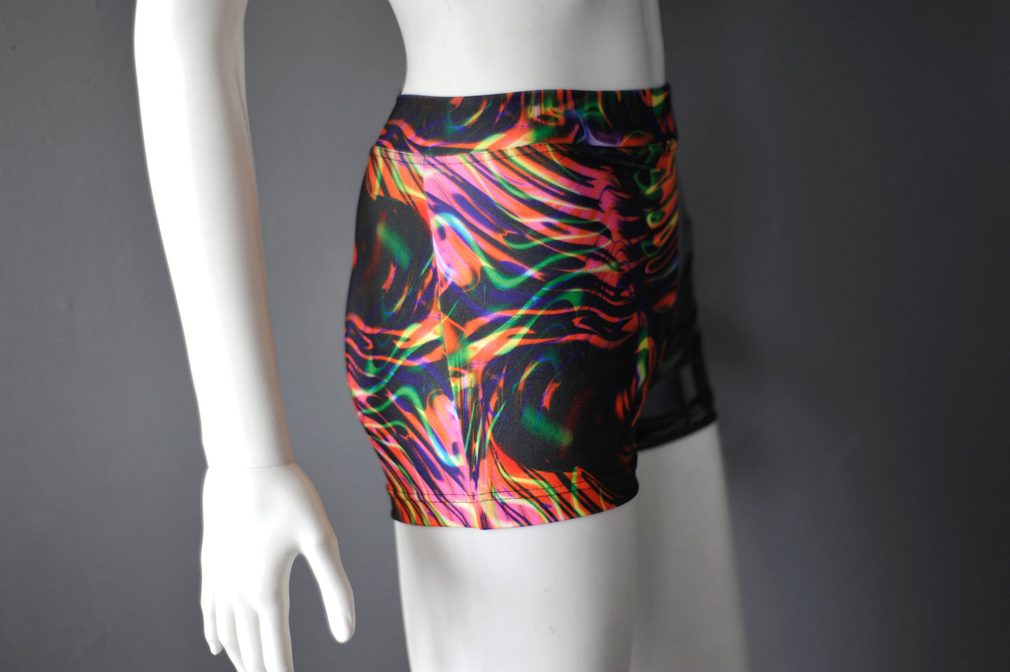 Psychedelic PVC Shorts, Trippy Soundwave Hotpants, Festival Clubwear