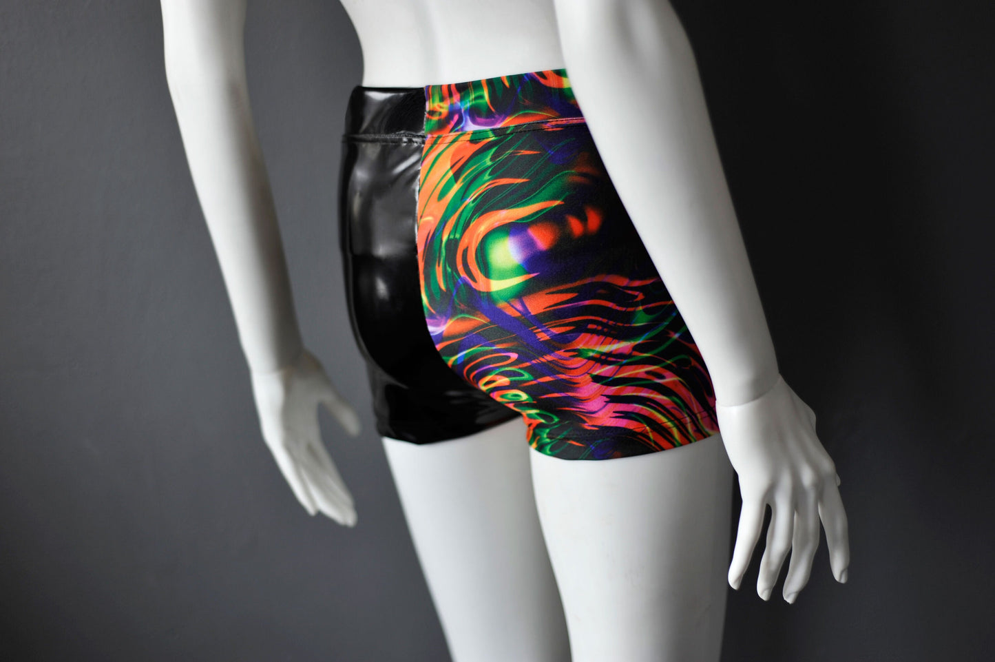 Psychedelic PVC Shorts, Trippy Soundwave Hotpants, Festival Clubwear