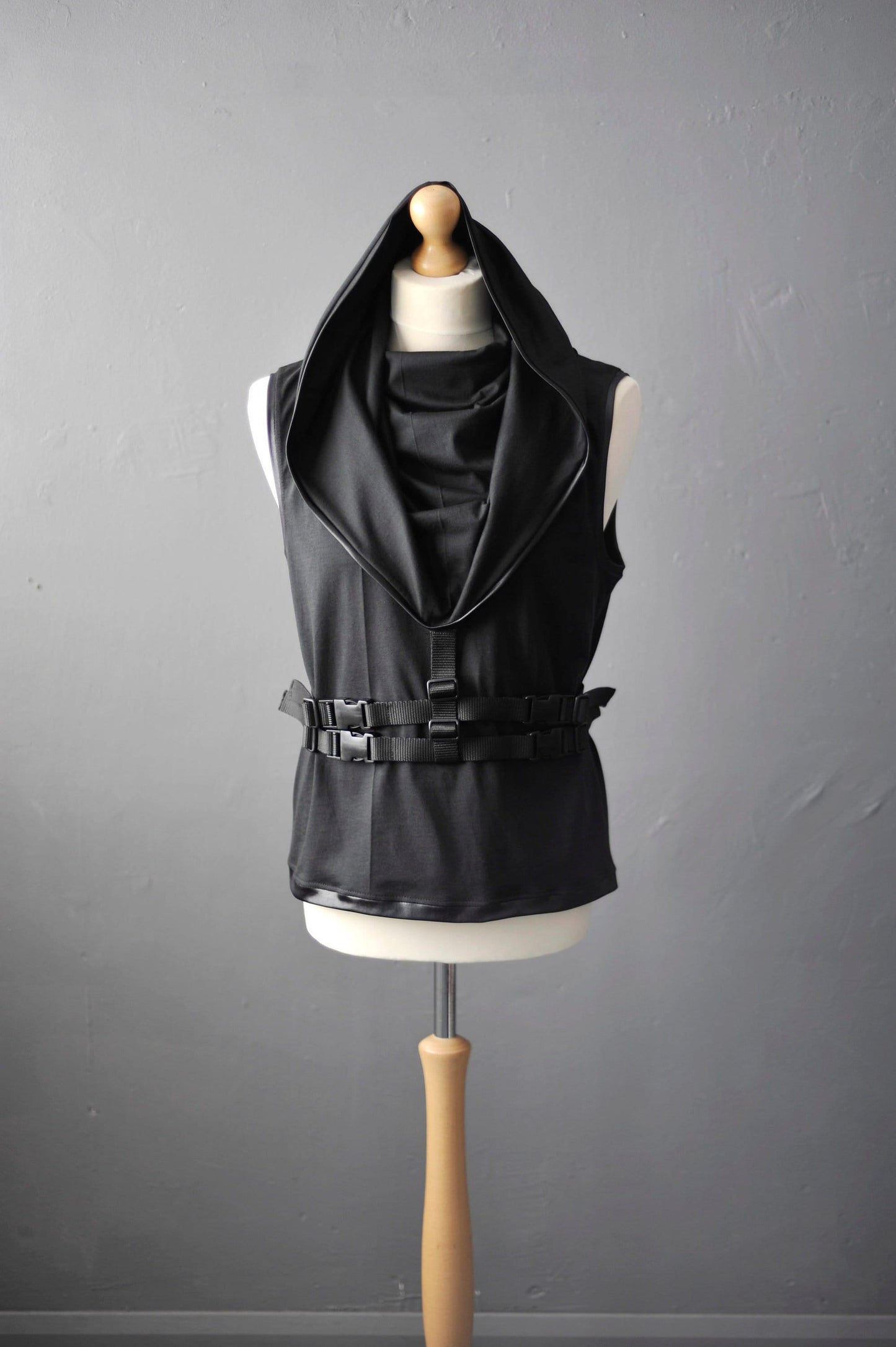 Mens Futuristic Cotton Tank, Mens Cyber Hooded Cowl Top