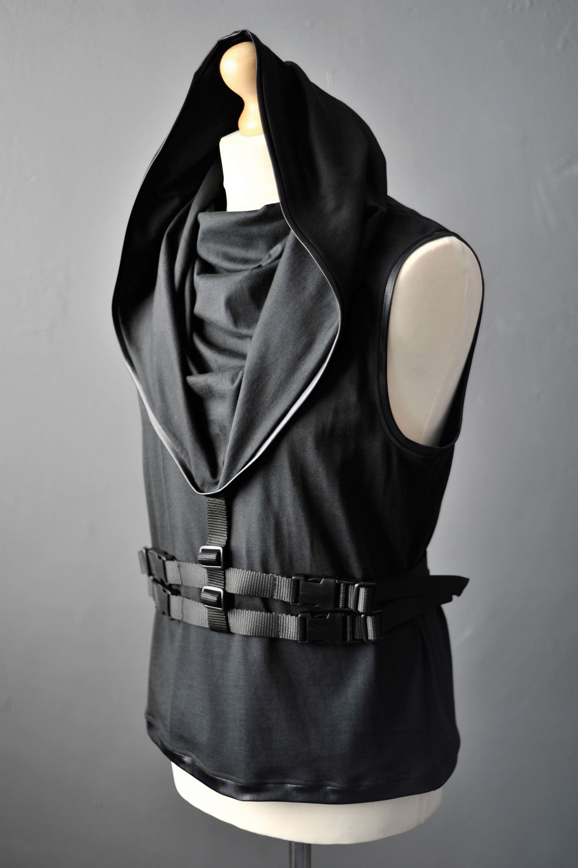 Mens Futuristic Cotton Tank, Mens Cyber Hooded Cowl Top