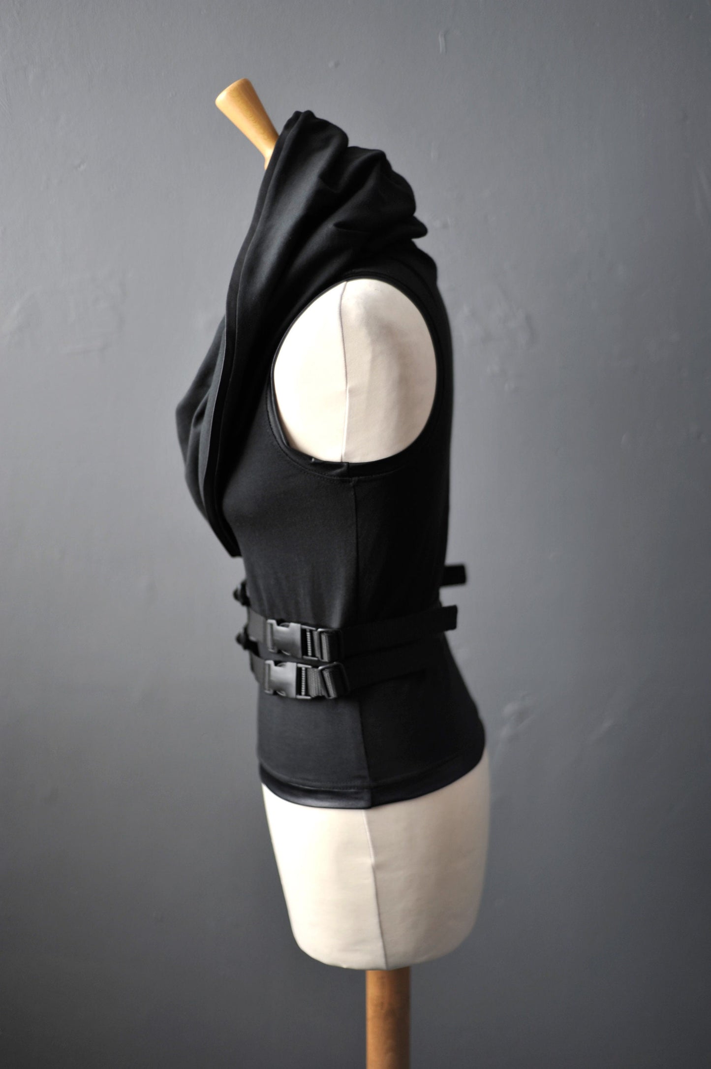 Cyber Futuristic Tank Vest, Hooded Cowl Cotton Top