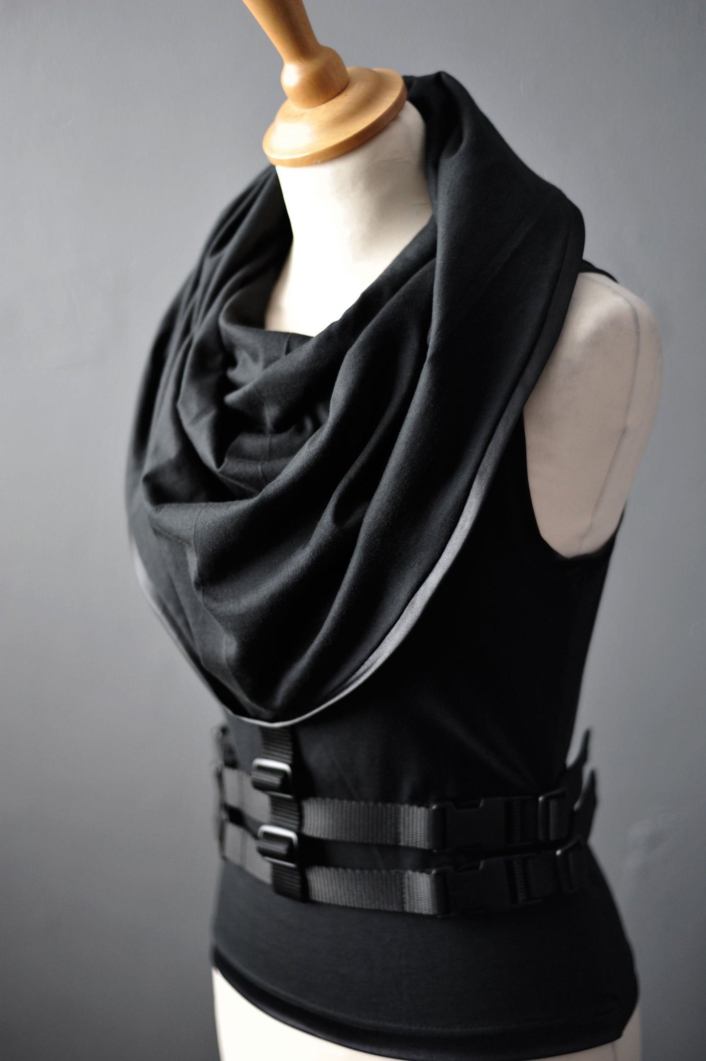 Cyber Futuristic Tank Vest, Hooded Cowl Cotton Top