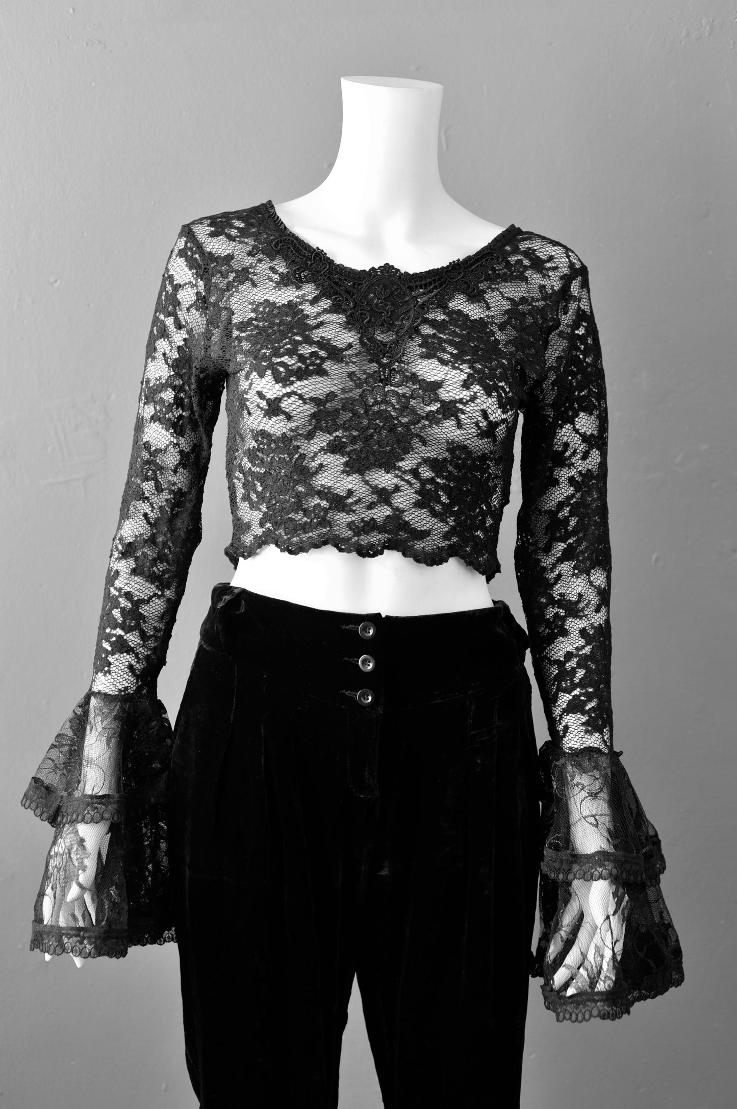 Dark Romantic Sheer Black Lace Crop Top with Bell Sleeves