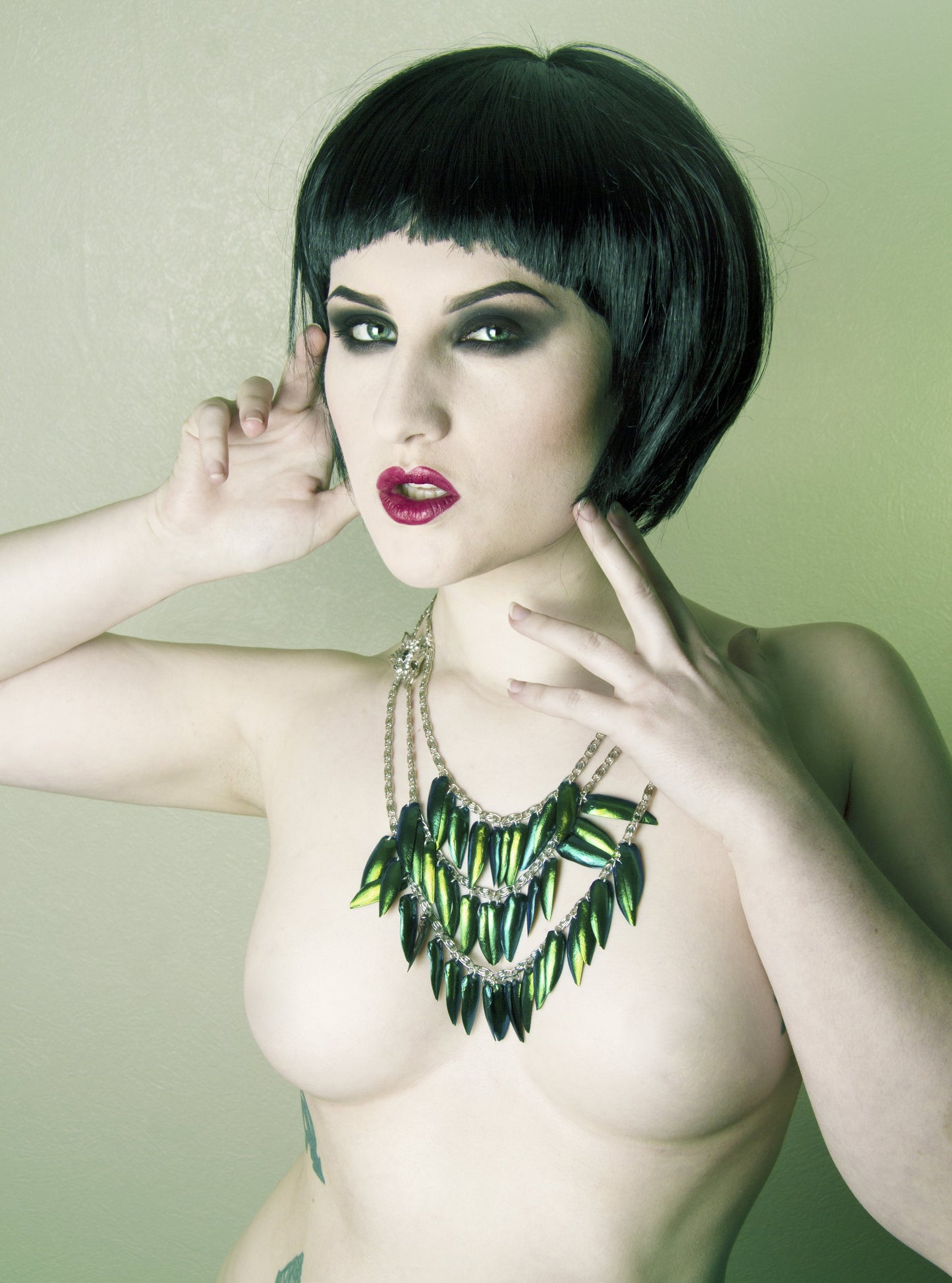 Silver Wolf Head Beetle Wing Necklace