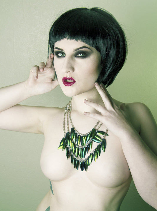 Silver Wolf Head Beetle Wing Necklace