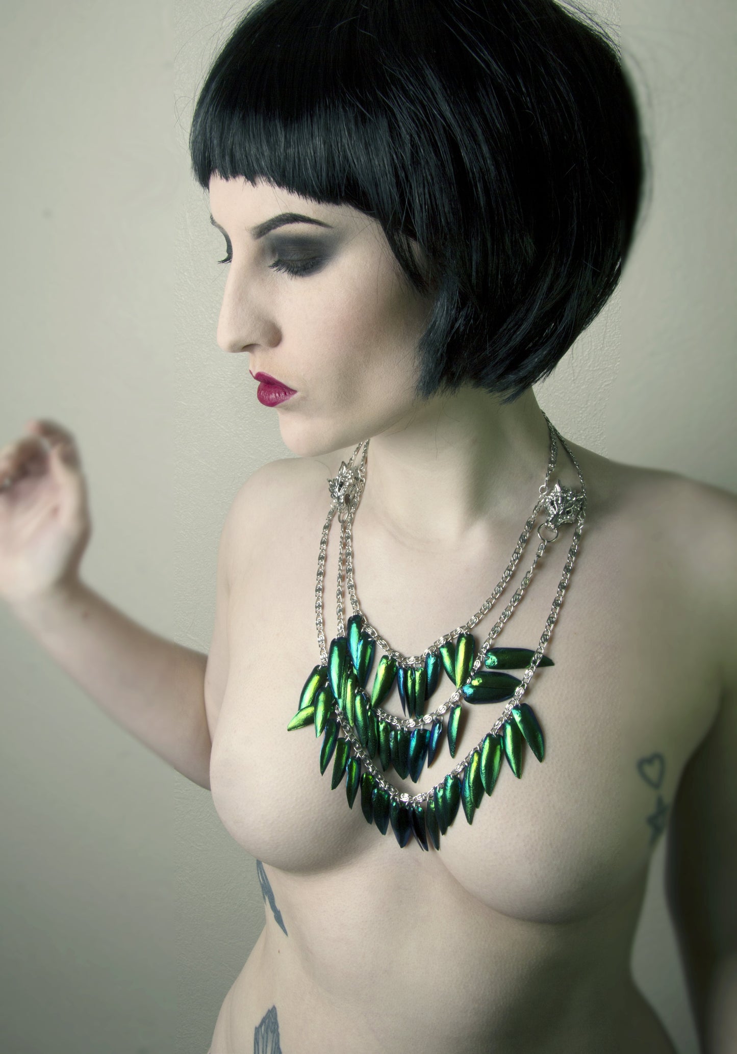 Bug Jewelery - Silver Wolf Head Beetle Wing Necklace