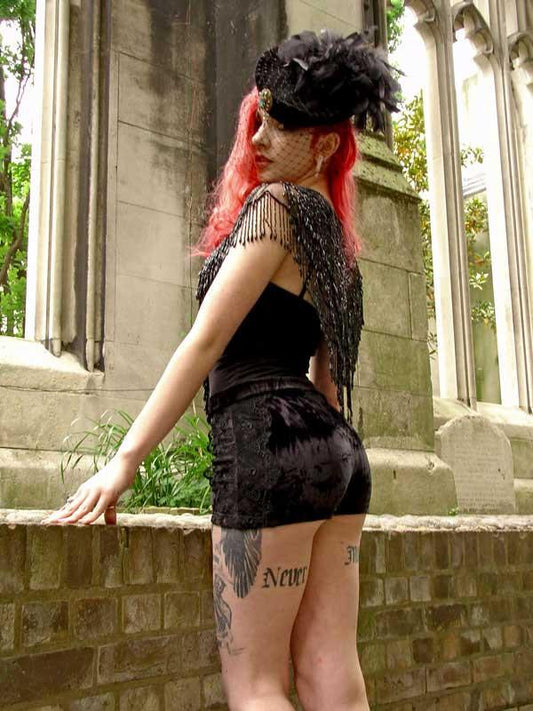 Shorts - Black Velvet Gothic Shorts With Lace