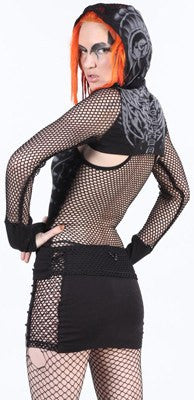 Skirt - Erotomechanics Black Fishnet Mini Skirt With Giger Style Print