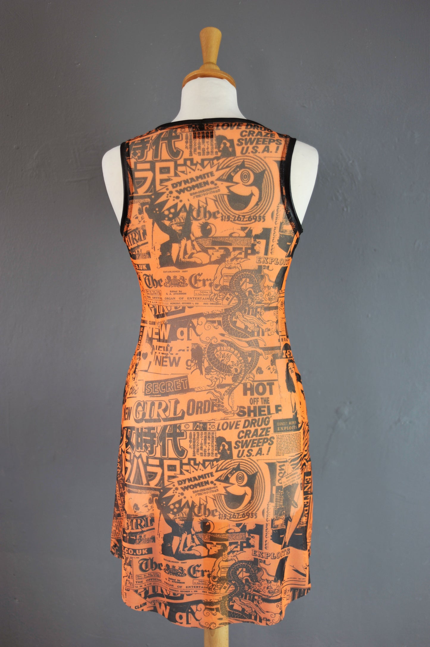 Sheer Orange Mesh Tank Top with Newspaper Headlines and Kanji Print