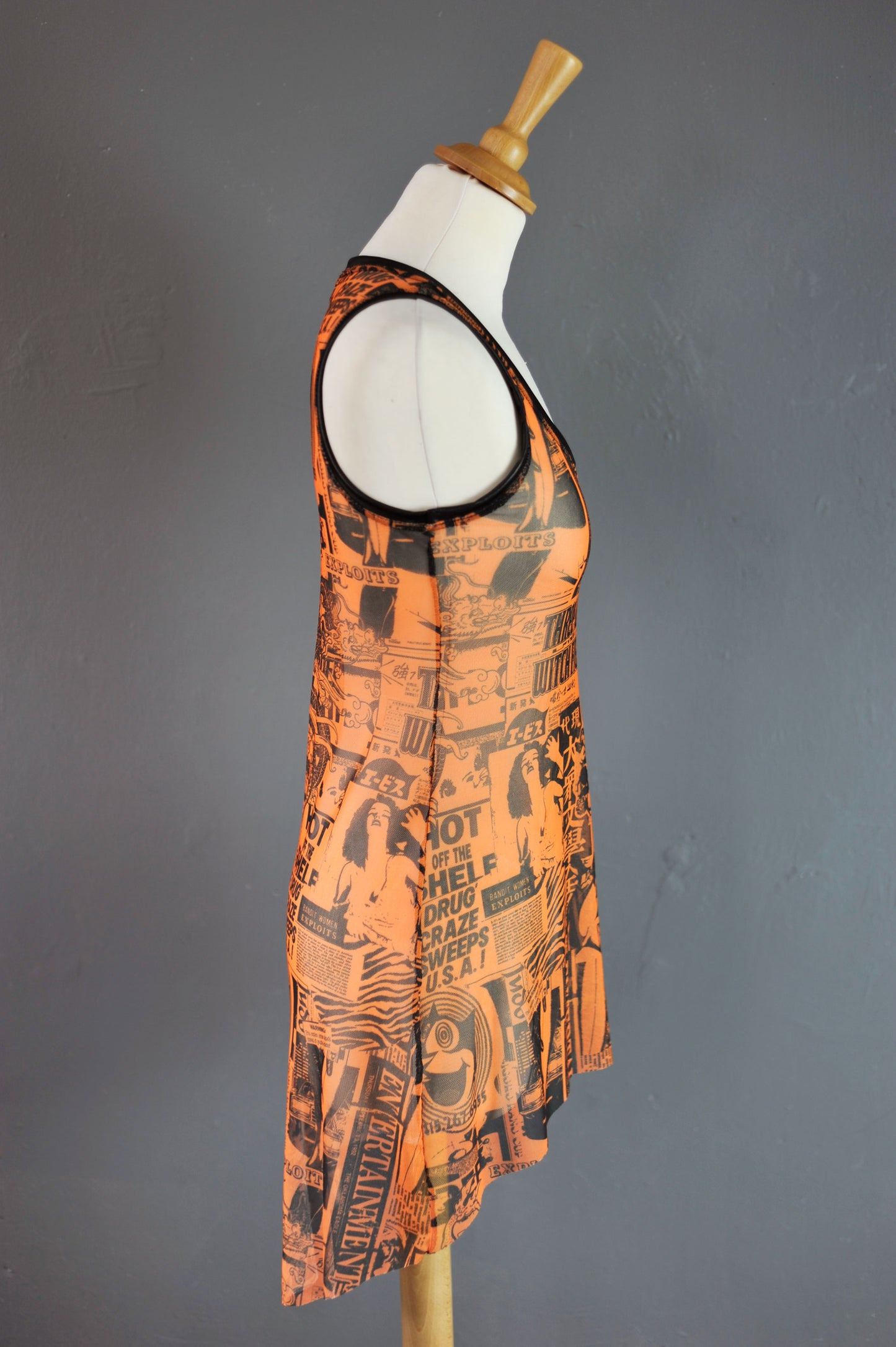 Sheer Orange Mesh Tank Top with Newspaper Headlines and Kanji Print