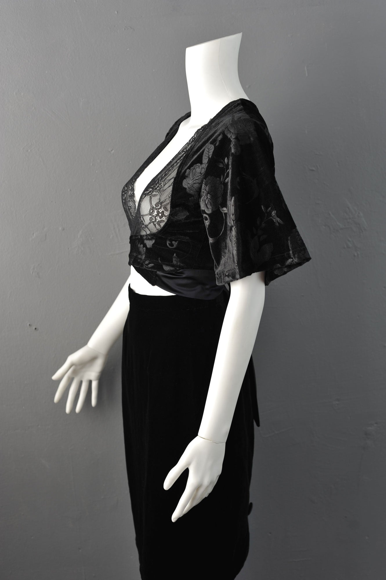 Black Velvet Wrap Crop Top Bolero with Lace Bust, Gothic Romantic