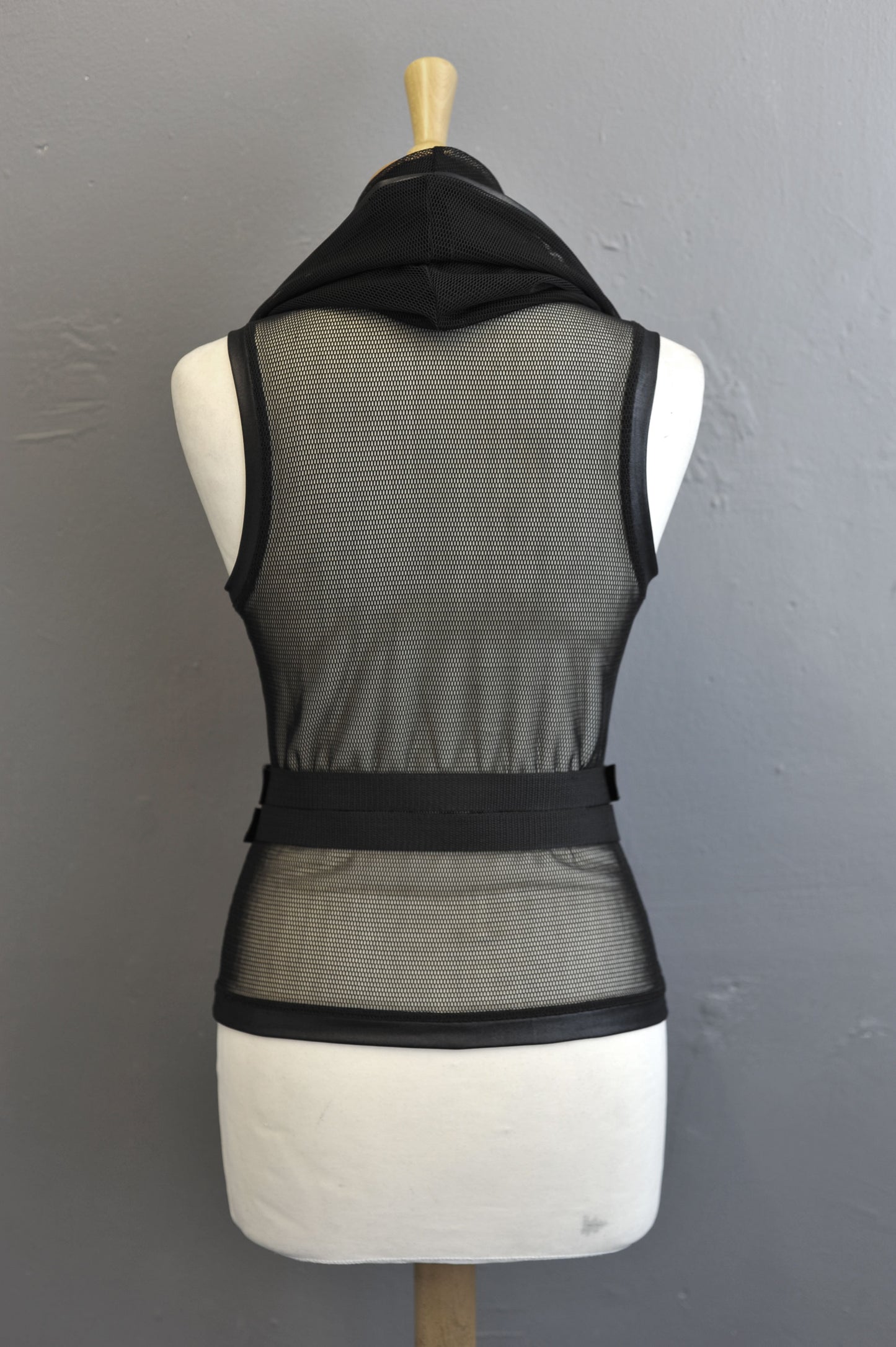 Womens Cyber Futuristic Mesh Tank, Hooded Cowl Net Top