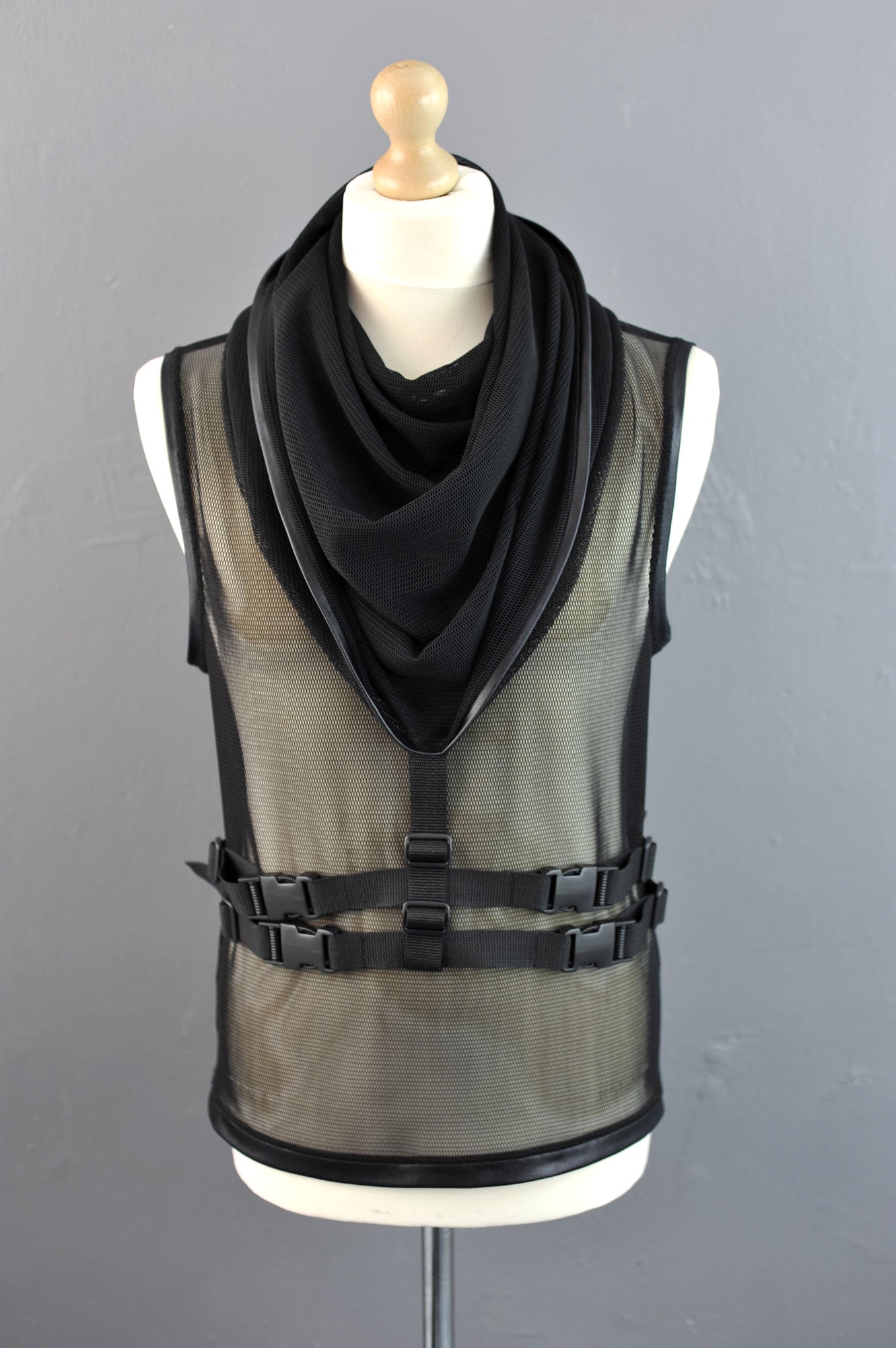 Mens Cyber Cowl Mesh Tank, Futuristic Hooded Net Top