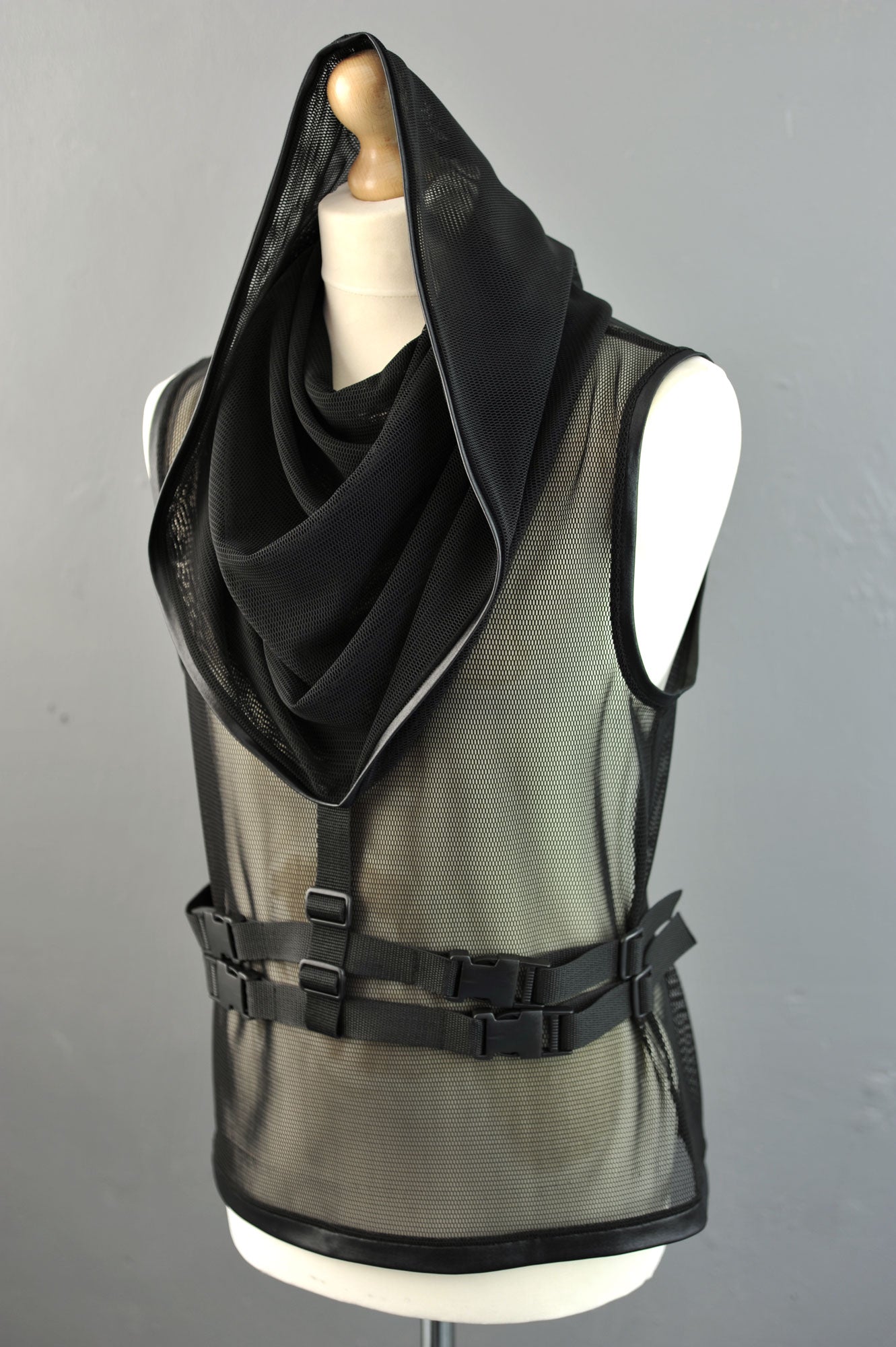 Mens Cyber Cowl Mesh Tank, Futuristic Hooded Net Top