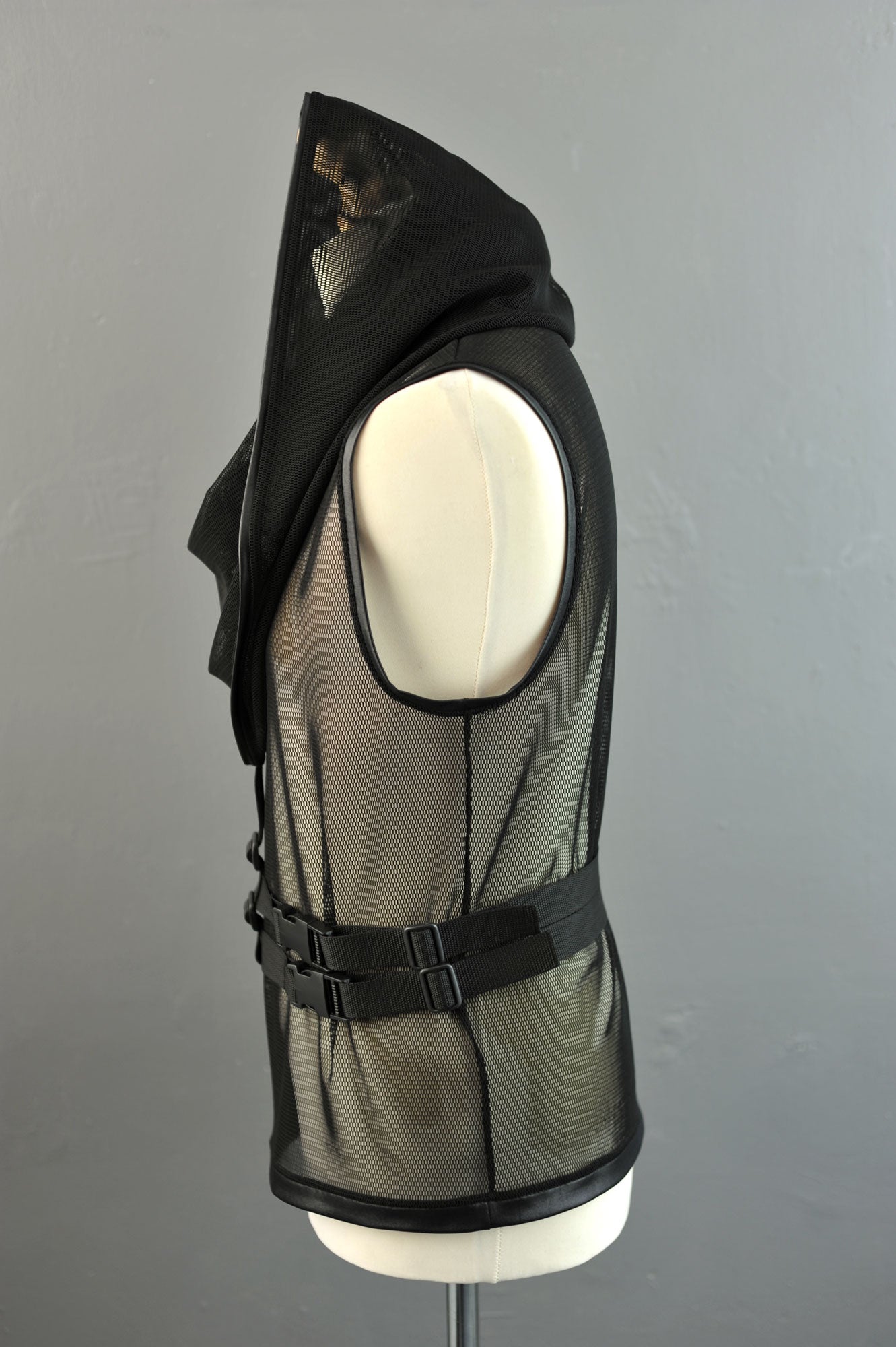 Mens Cyber Cowl Mesh Tank, Futuristic Hooded Net Top