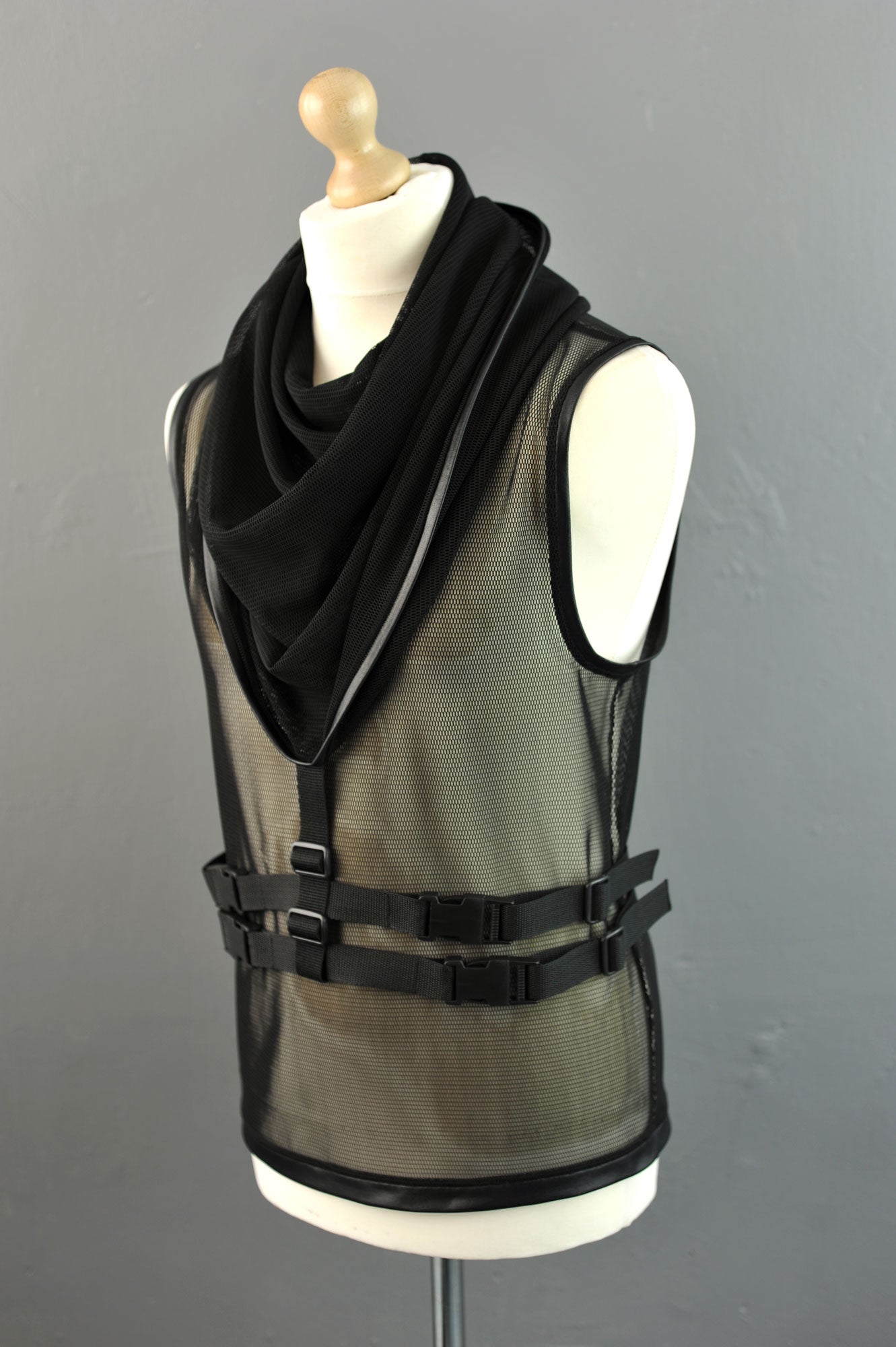 Mens Cyber Cowl Mesh Tank, Futuristic Hooded Net Top