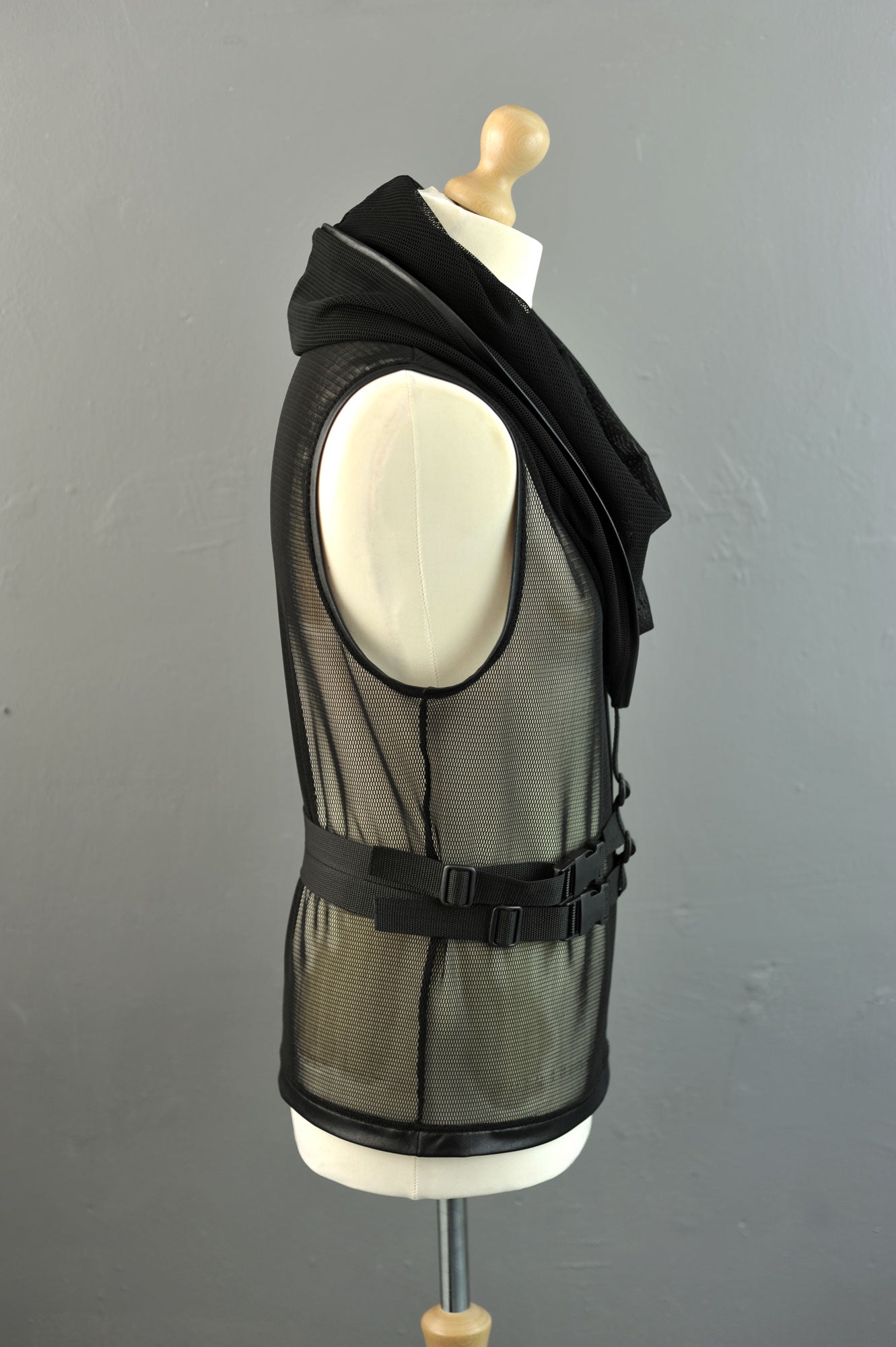 Mens Cyber Cowl Mesh Tank, Futuristic Hooded Net Top