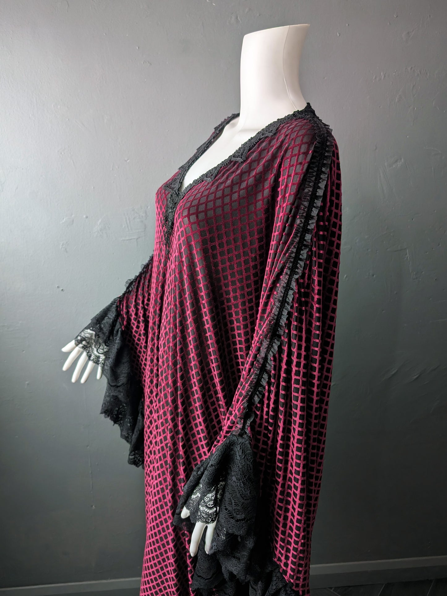 Gothic Velvet Kaftan, Raspberry Devore Peignoir, Vampire Boudoir