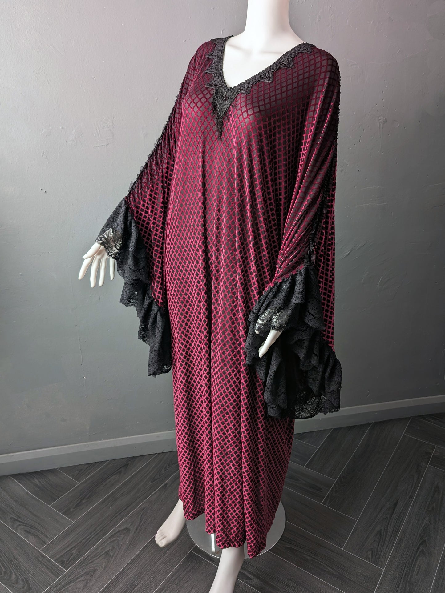 Gothic Velvet Kaftan, Raspberry Devore Peignoir, Vampire Boudoir