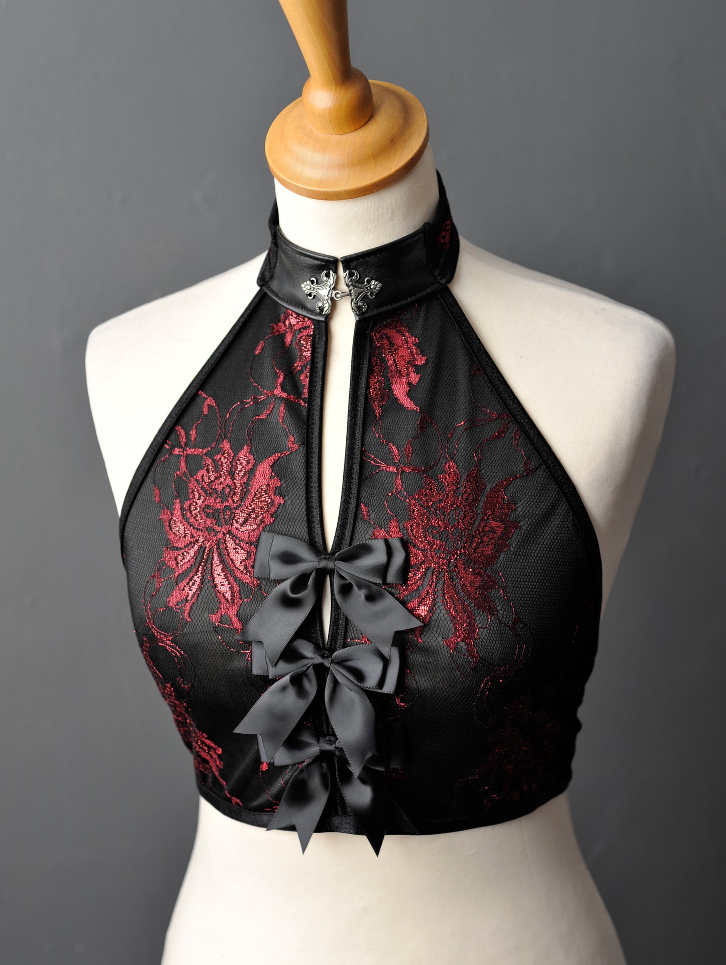 Gothic Satin Lace Halterneck Backless Crop Top