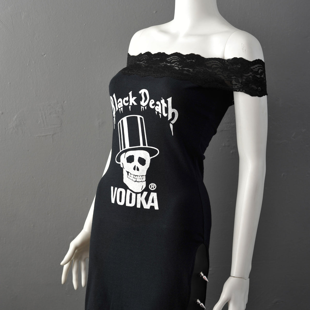 Gothic Rock Skull Mini Dress with Spikes, Upcycled Punk Death Clothing