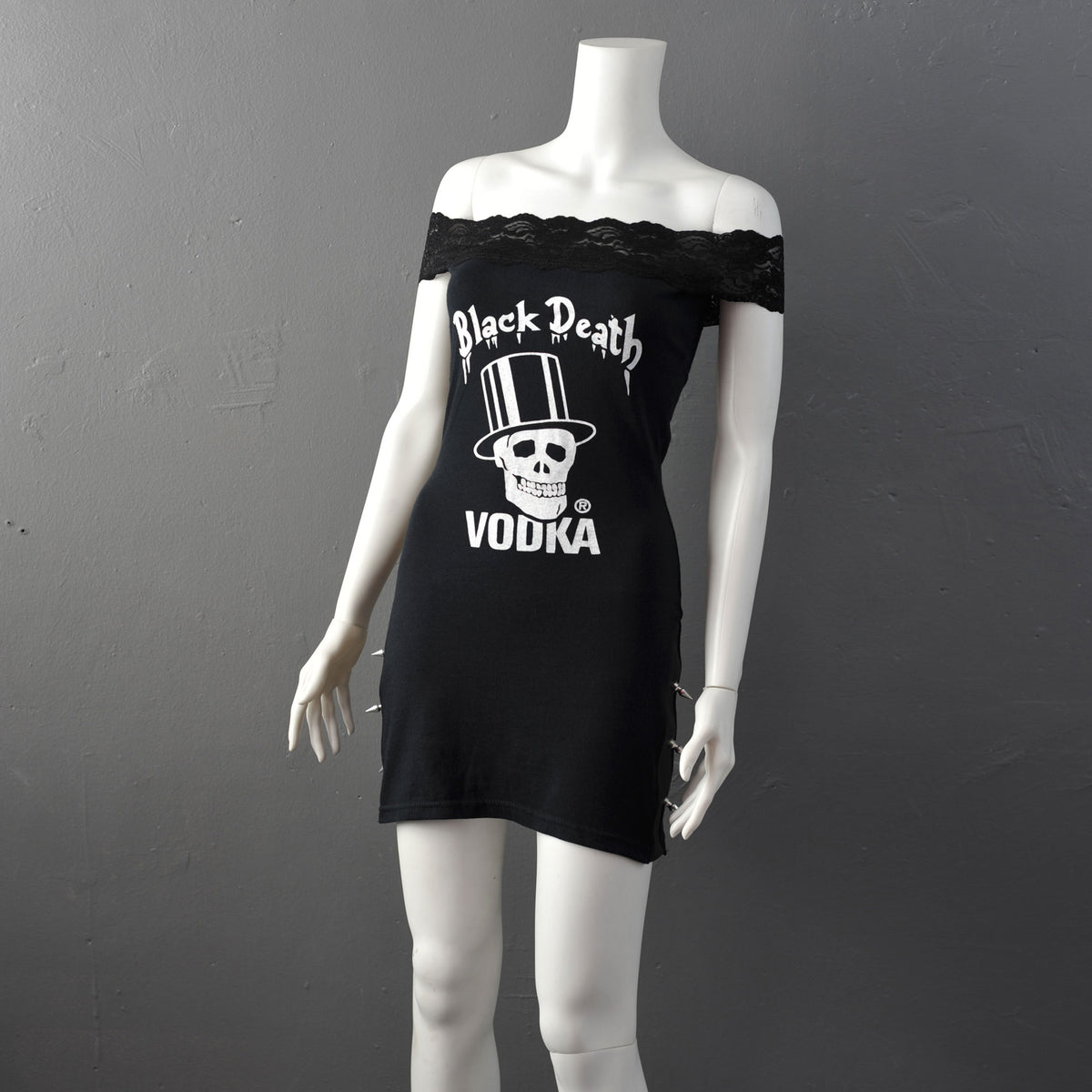 Gothic Rock Skull Mini Dress with Spikes, Upcycled Punk Death Clothing