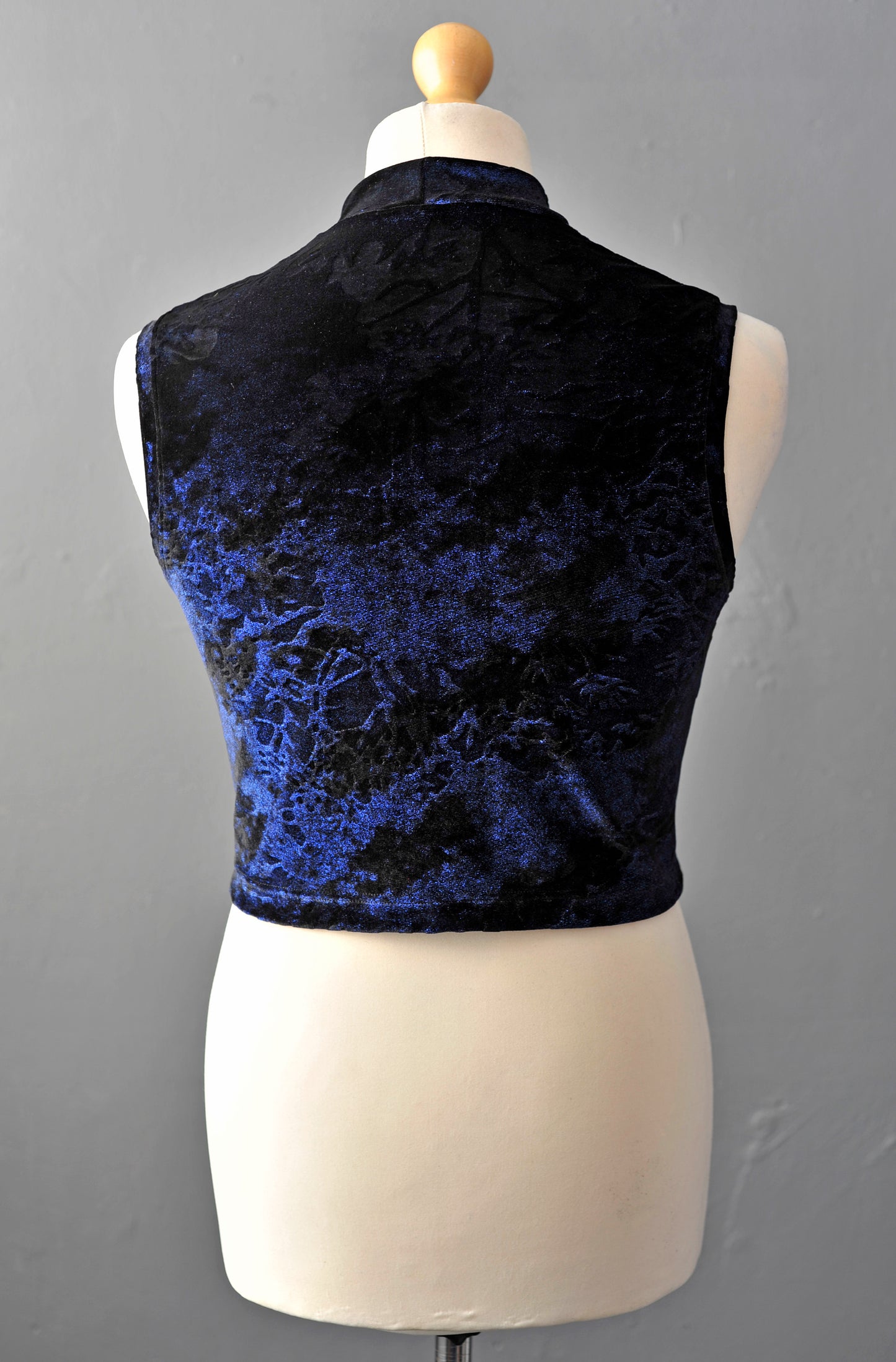 Mens Black Velvet Crop Top with Metallic Blue Print