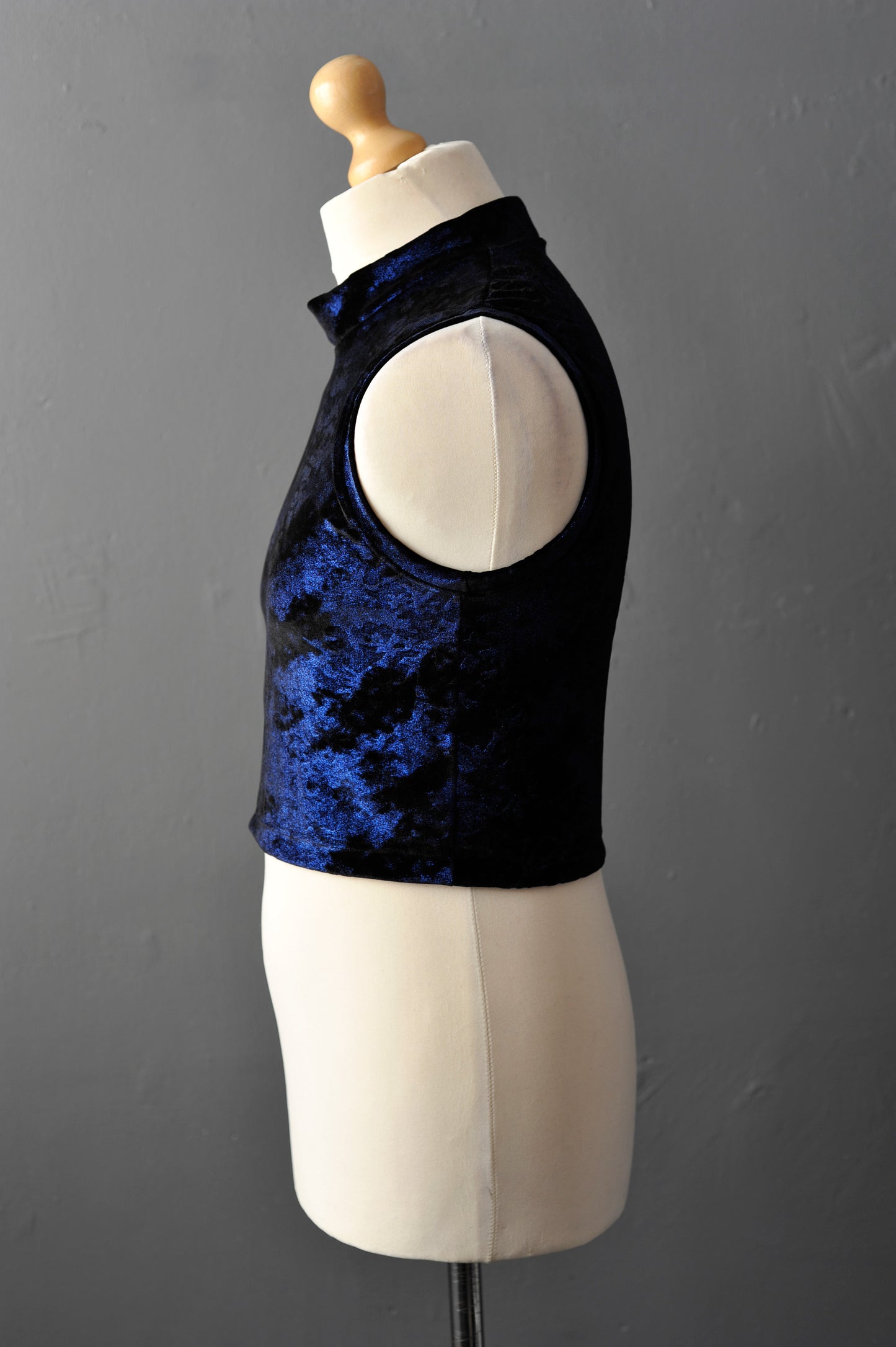 Mens Black Velvet Crop Top with Metallic Blue Print