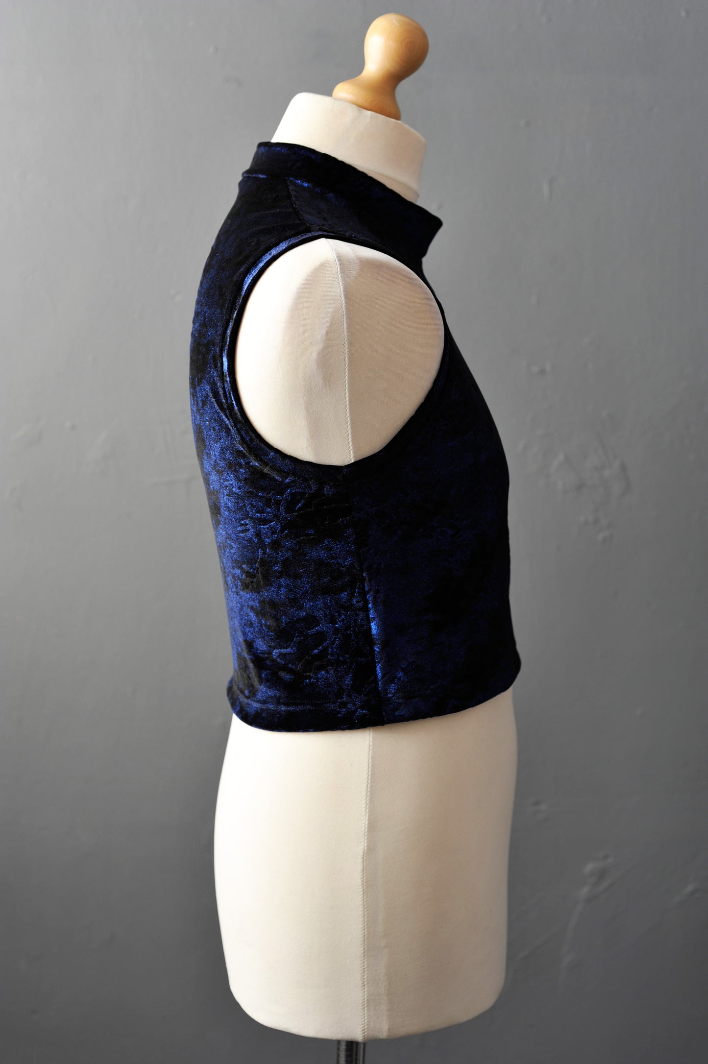 Mens Black Velvet Crop Top with Metallic Blue Print