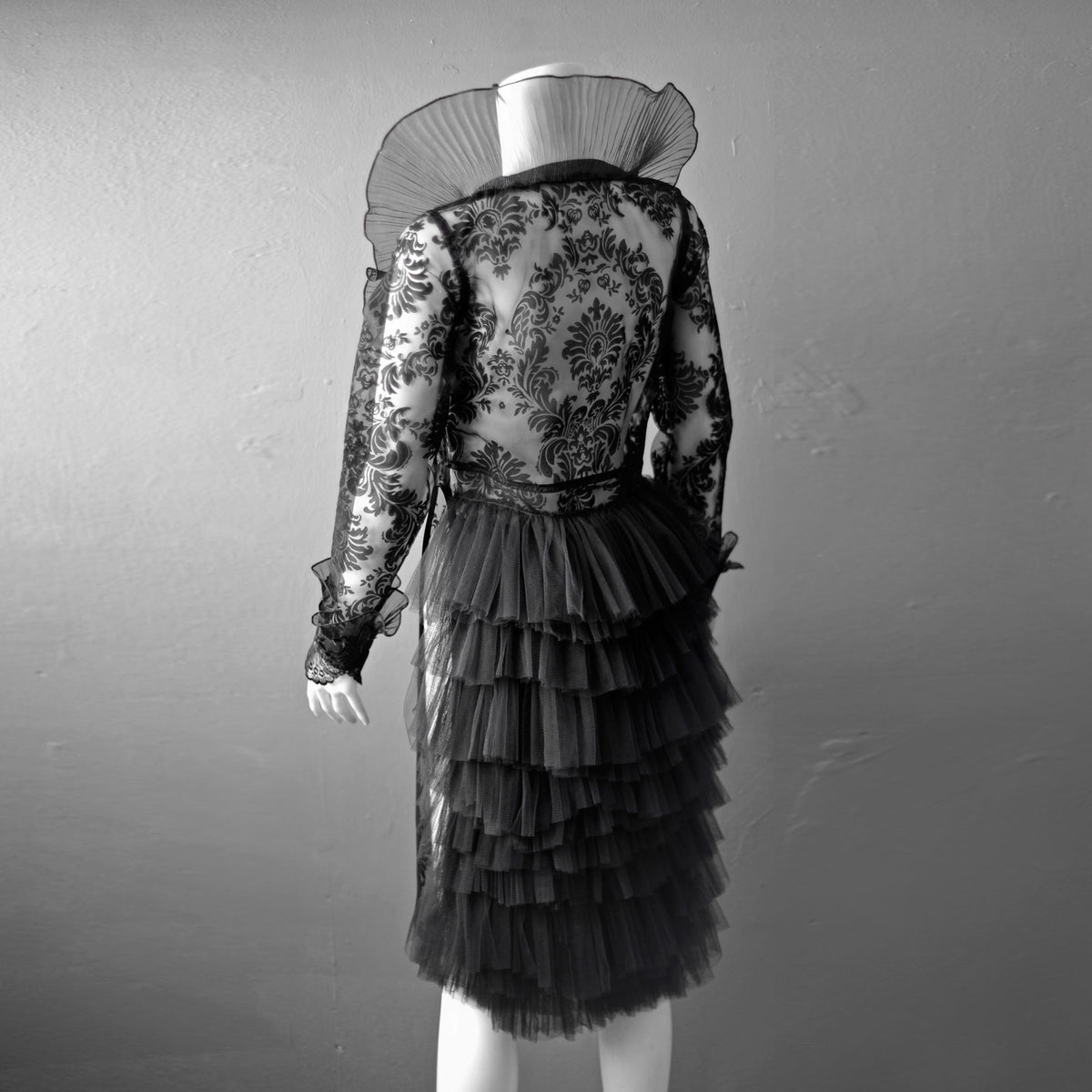 Sheer Gothic Jacket with Ruffled Standing Collar, Goth Queen Wedding Tailcoat